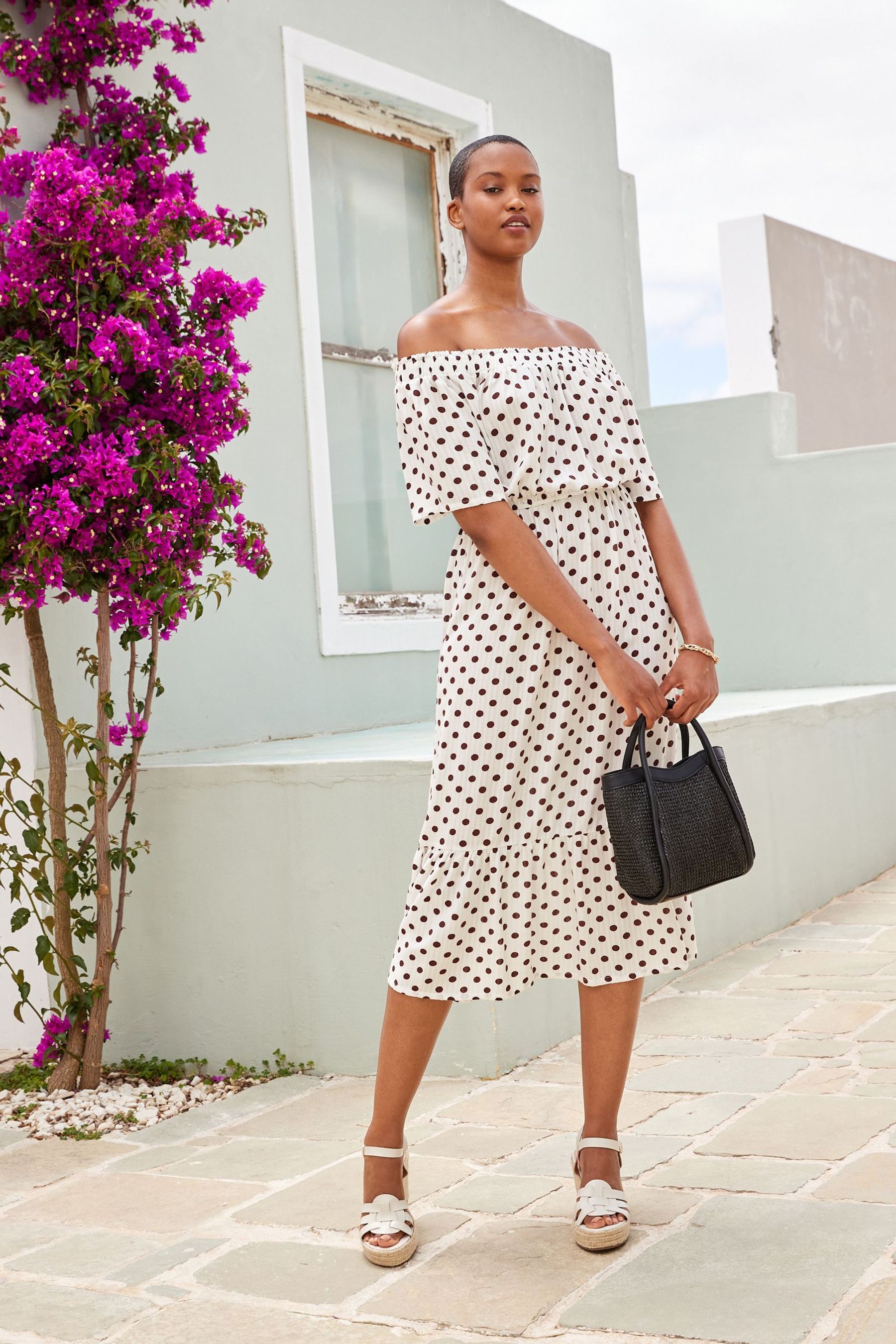 Buy Marron Pois ecru chocolat Robe d ete mi longue a epaules denudees from Next Luxembourg