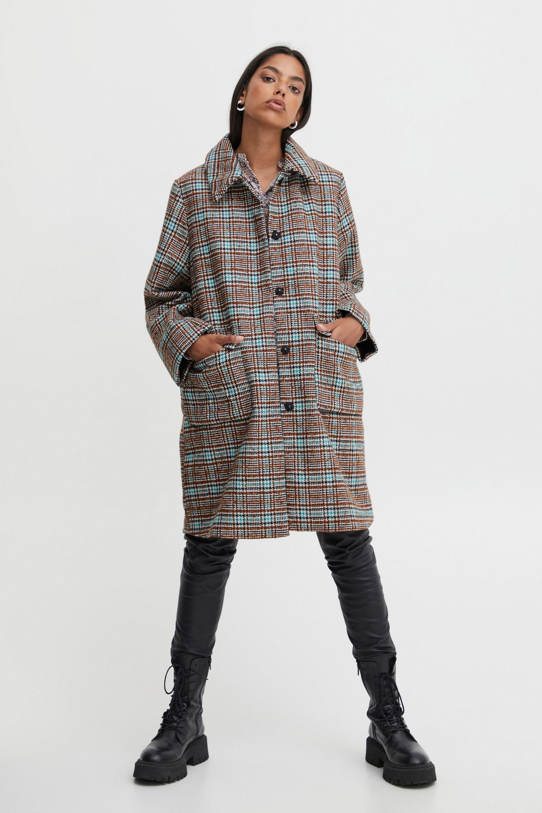 Buy ICHI Brown Check Coat from Next Luxembourg