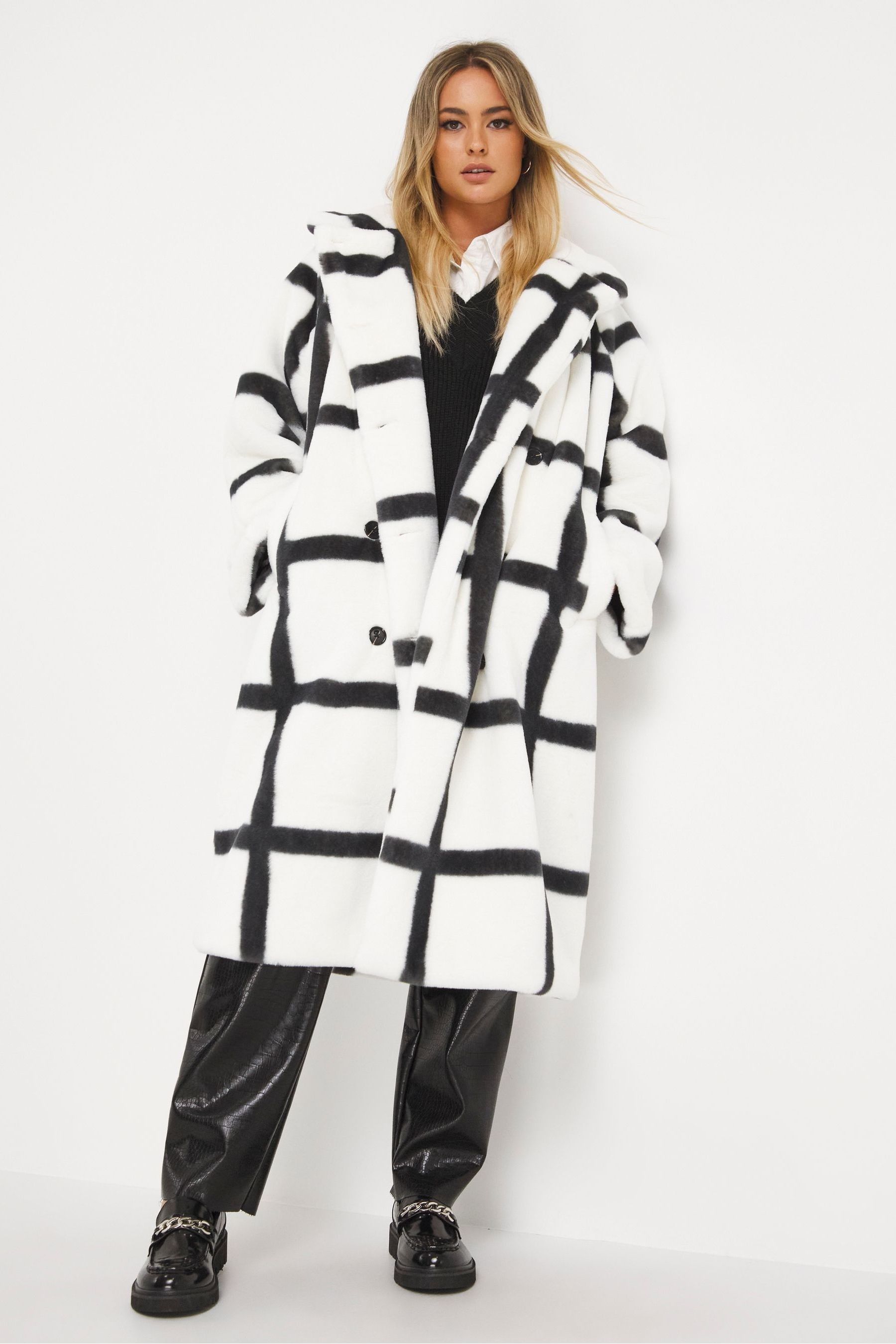 Buy Simply Be White Double Mono Check Longline Breast Faux Fur Coat from Next Luxembourg