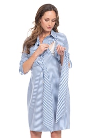 Seraphine Blue Stripe Cotton And Lyocell Maternity And Nursing Shirt Dress - Image 4 of 6