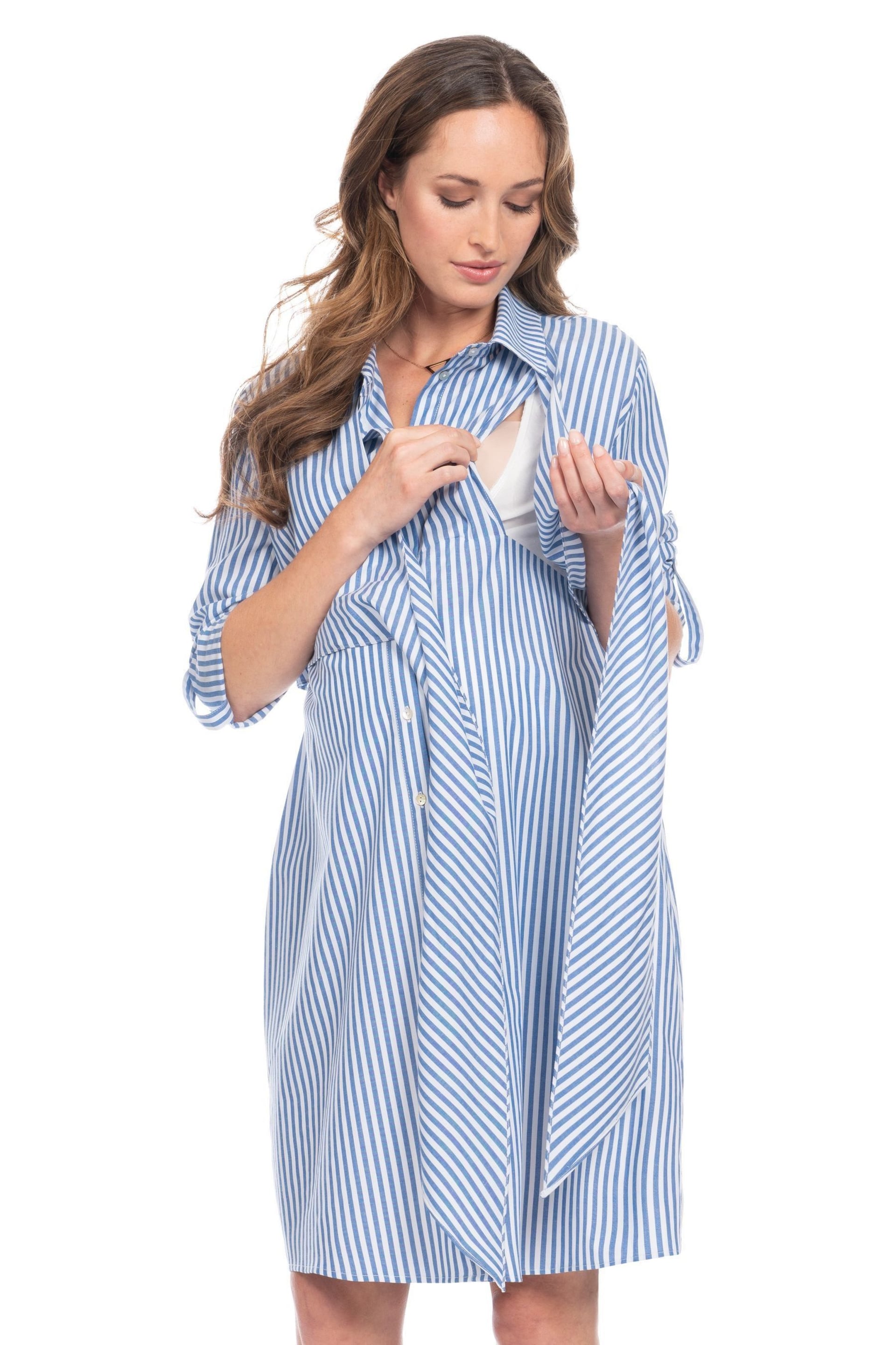 Seraphine Blue Stripe Cotton And Lyocell Maternity And Nursing Shirt Dress - Image 4 of 6