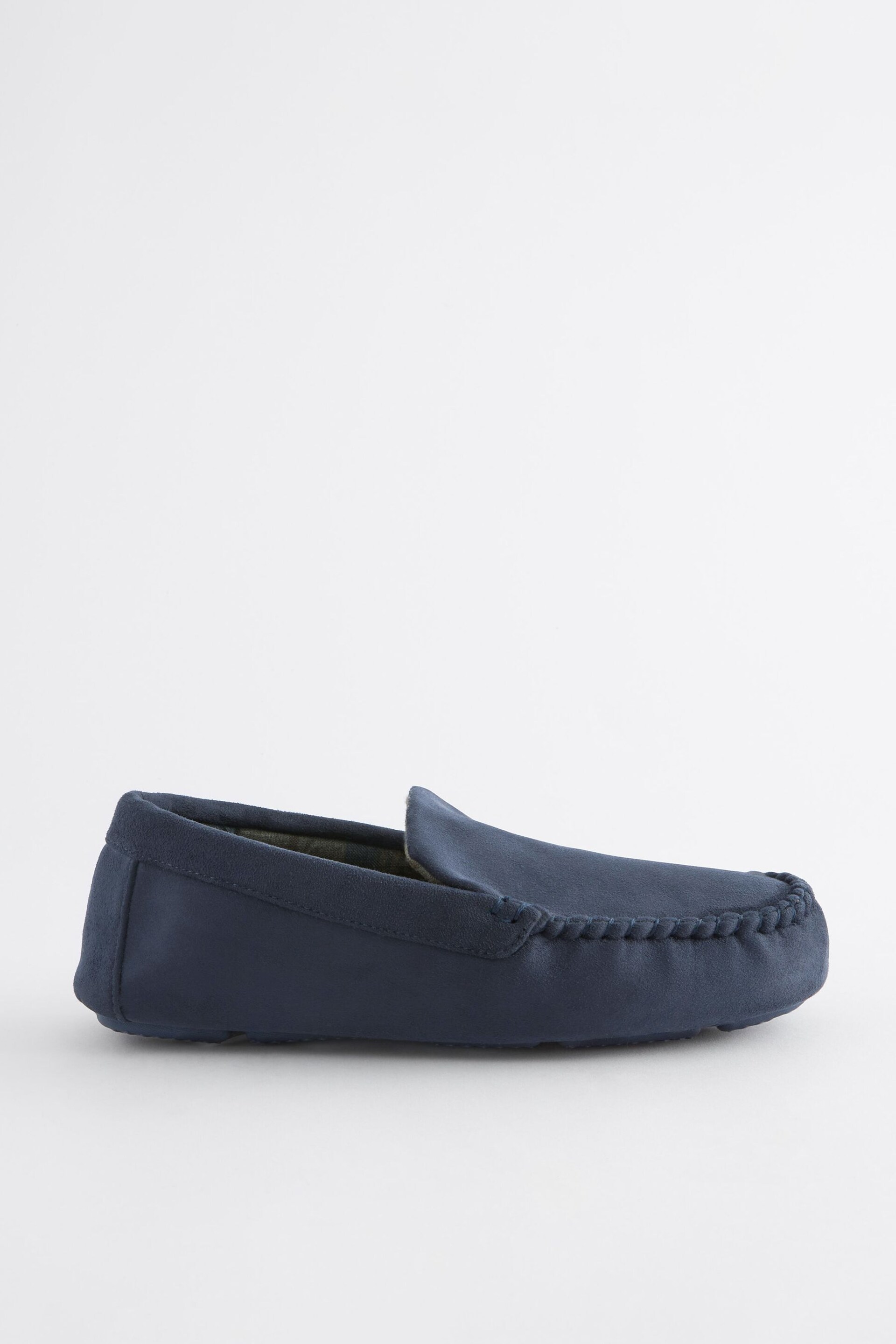 Navy Blue Check Lined Moccasin Slippers - Image 3 of 7