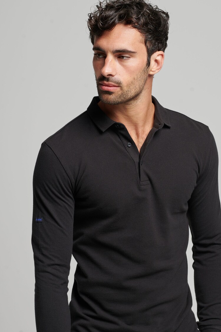 Superdry Black Long Sleeve Pique Polo Shirt - Image 2 of 5