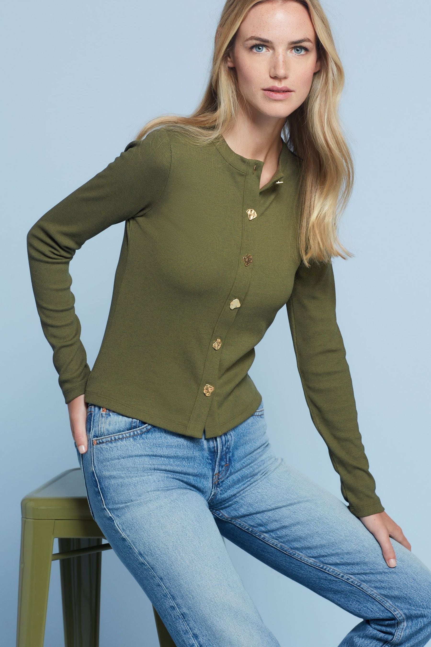 Buy Khaki Green Long Sleeve Ribbed Gold Button Cardigan from Next Luxembourg