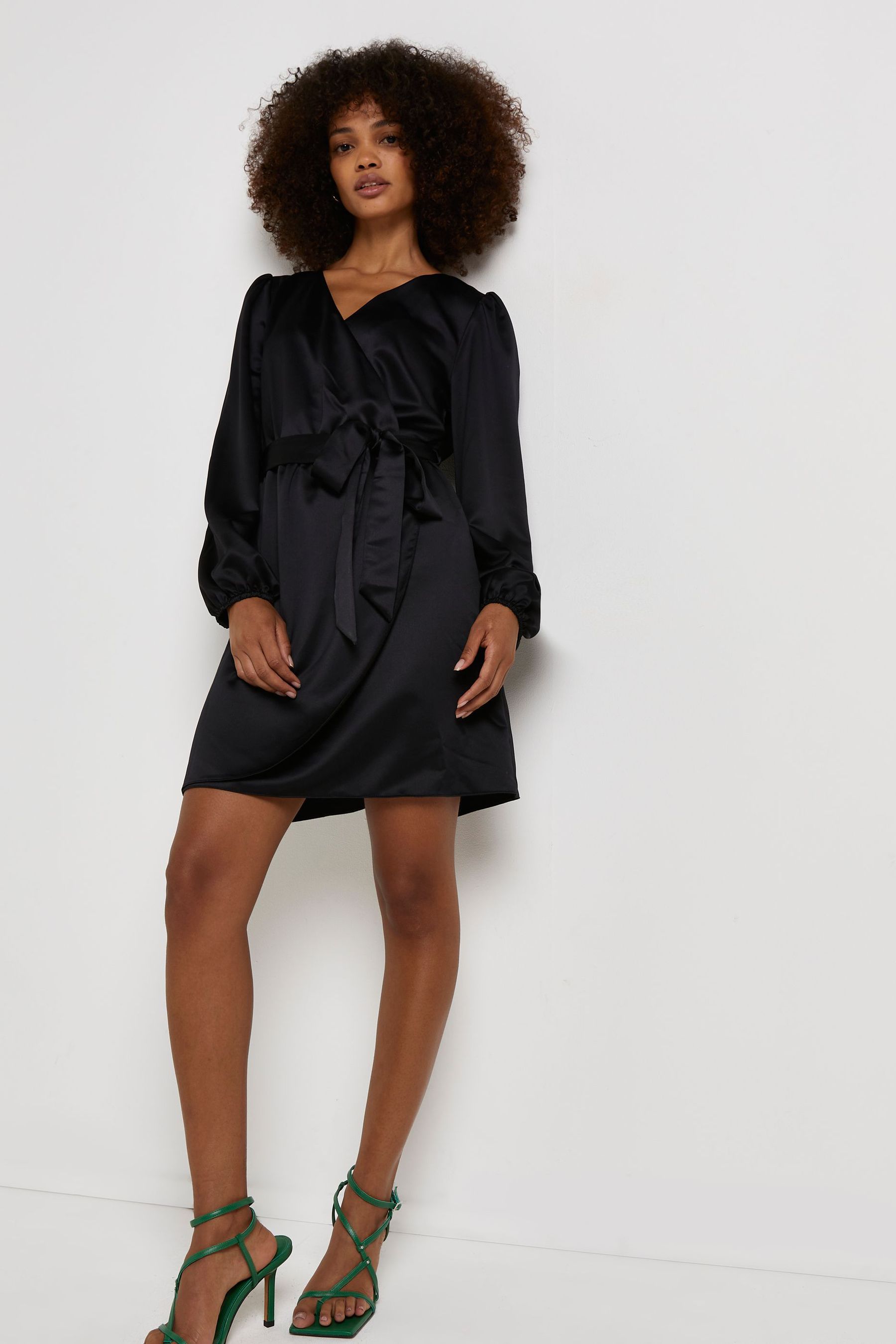 River island wrap long sleeve satin dress discount
