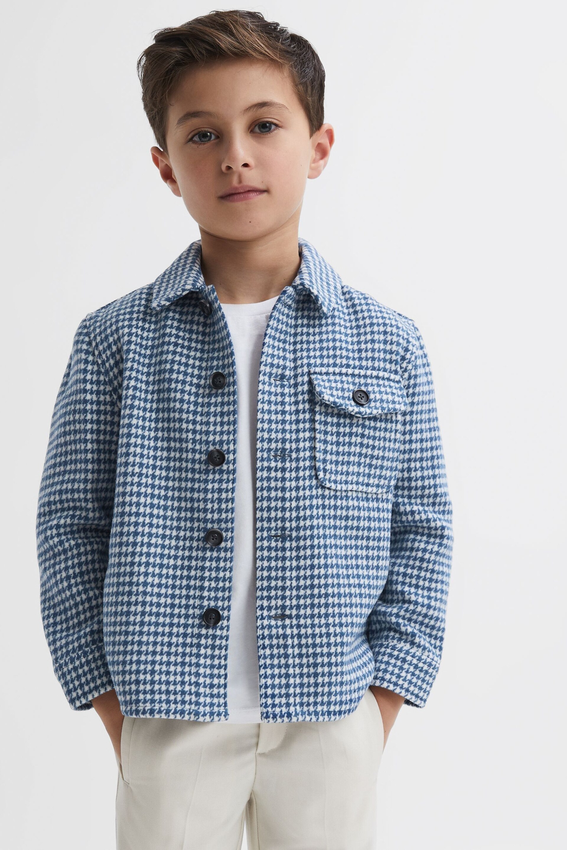 Reiss Blue/White Zack Senior Brushed Houndstooth Overshirt - Image 1 of 5