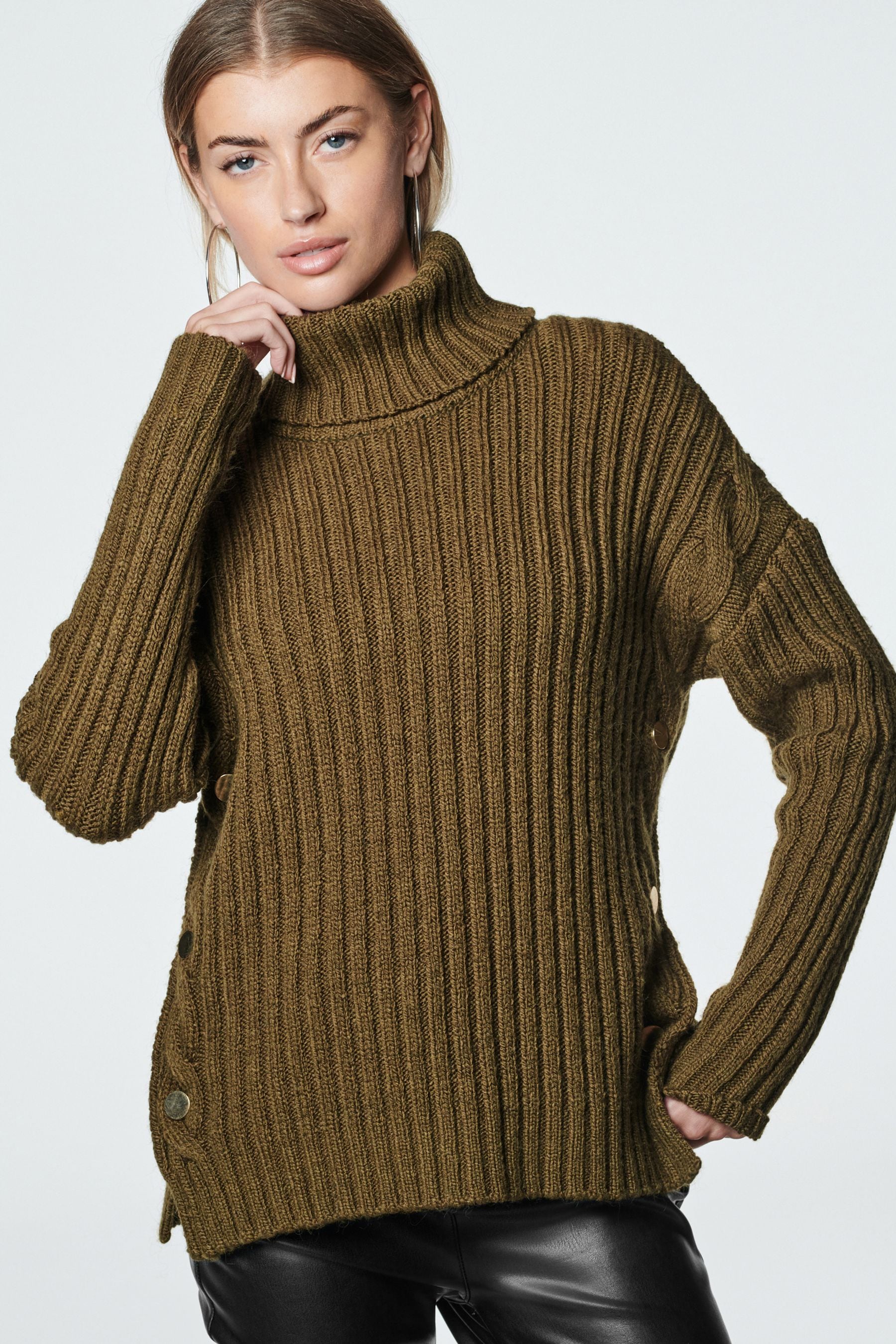 Buy Olive Green Button Detail Roll Neck Jumper from Next Luxembourg