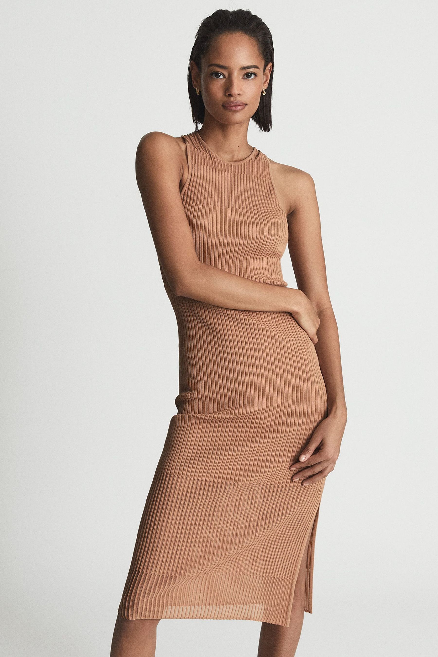 Reiss Pink Aurelia Sheer Stripe Knit Bodycon Dress