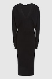 Reiss Black Jenna Wool Blend Ruched Sleeve Midi Dress - Image 2 of 6