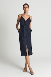 Reiss Navy Kay Tie Detail Linen Midi Dress - Image 1 of 6