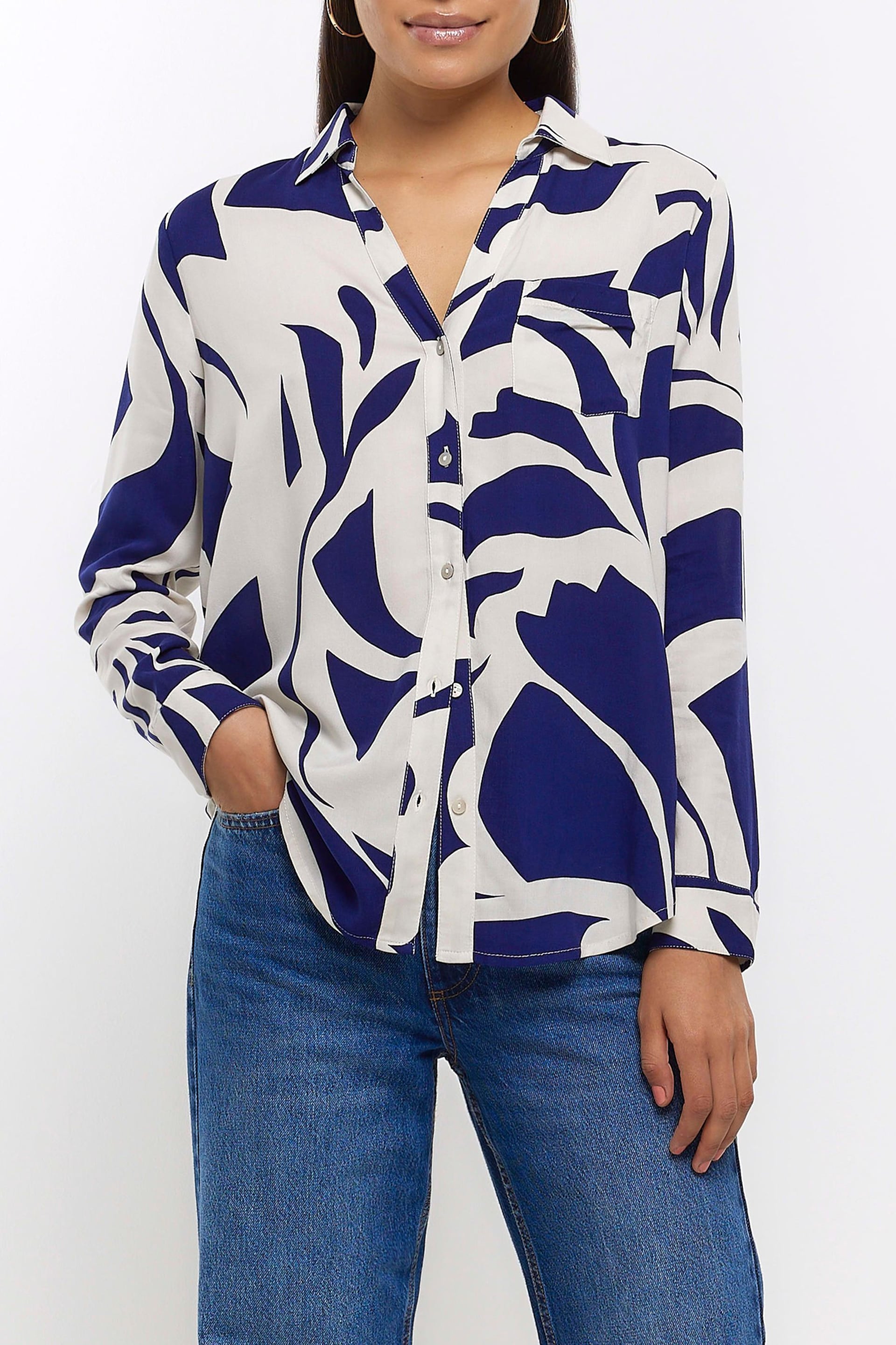 River Island Navy Blue Abstract Printed Shirt - Image 1 of 4