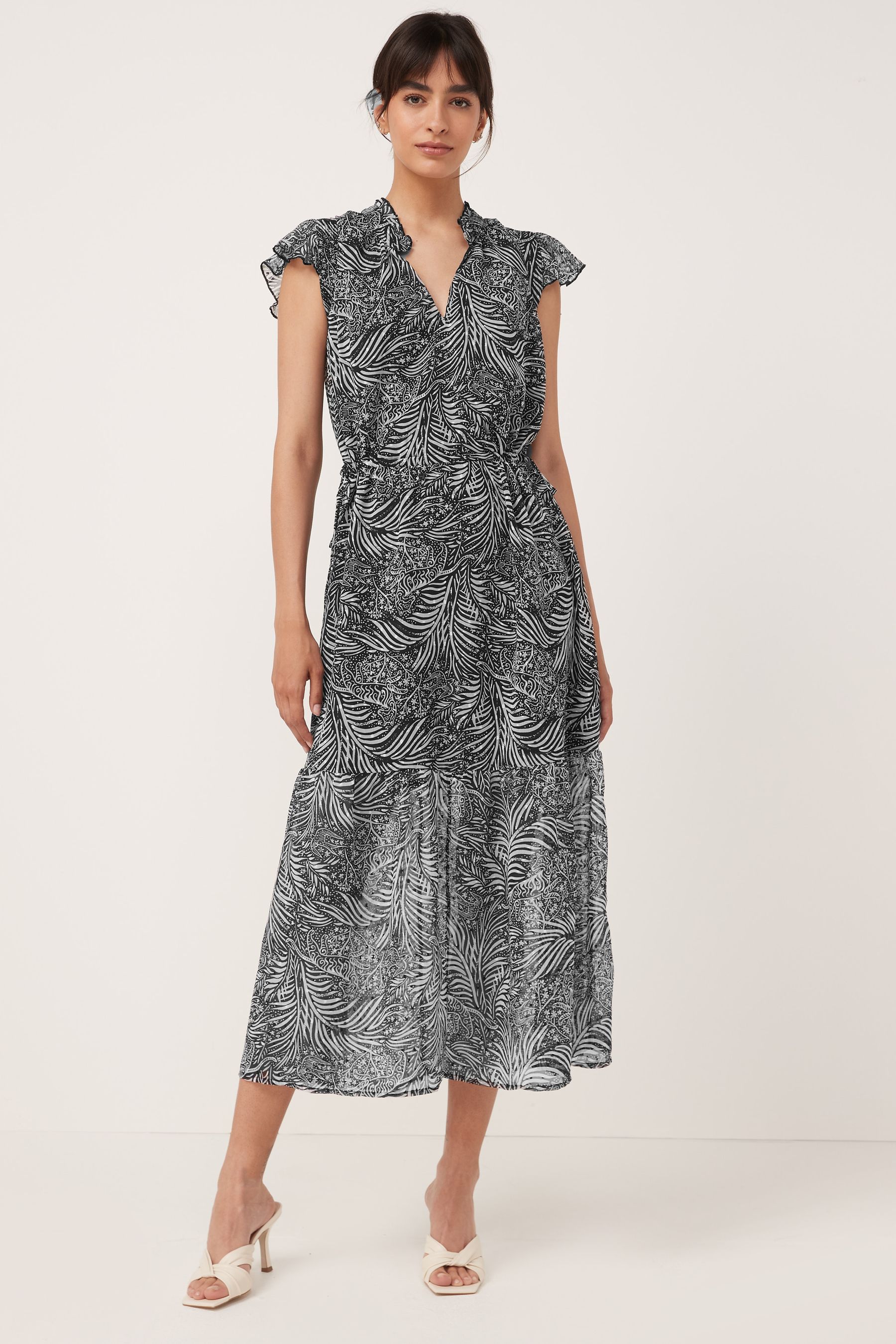 Buy Black White Print Tie Waist Ruffle Dress from Next Luxembourg