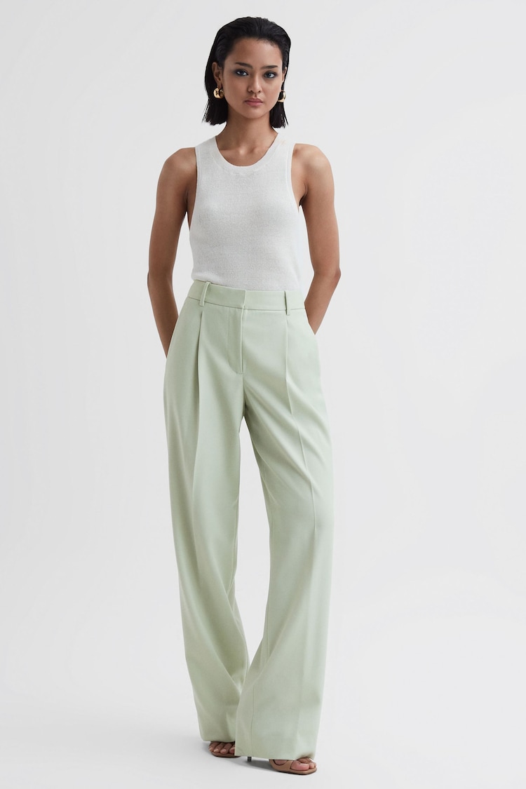 Reiss Green Naomi Wide Leg Wool Blend Trousers - Image 1 of 5