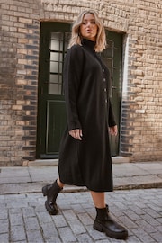 Yours Curve Black Button Through Ribbed Dress - Image 1 of 5