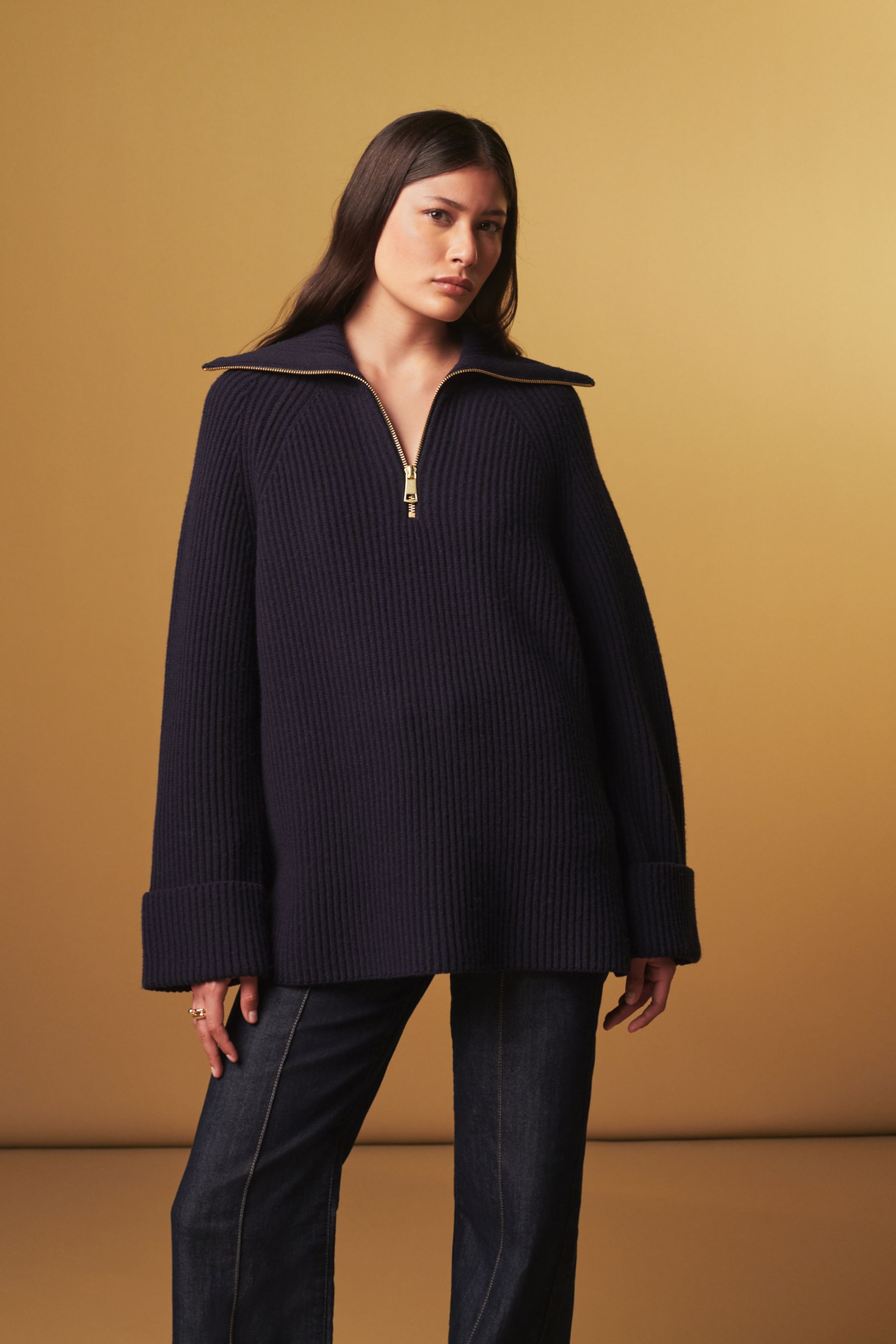 Buy Navy Blue Premium 100 Wool Longline Zip Jumper from Next Luxembourg