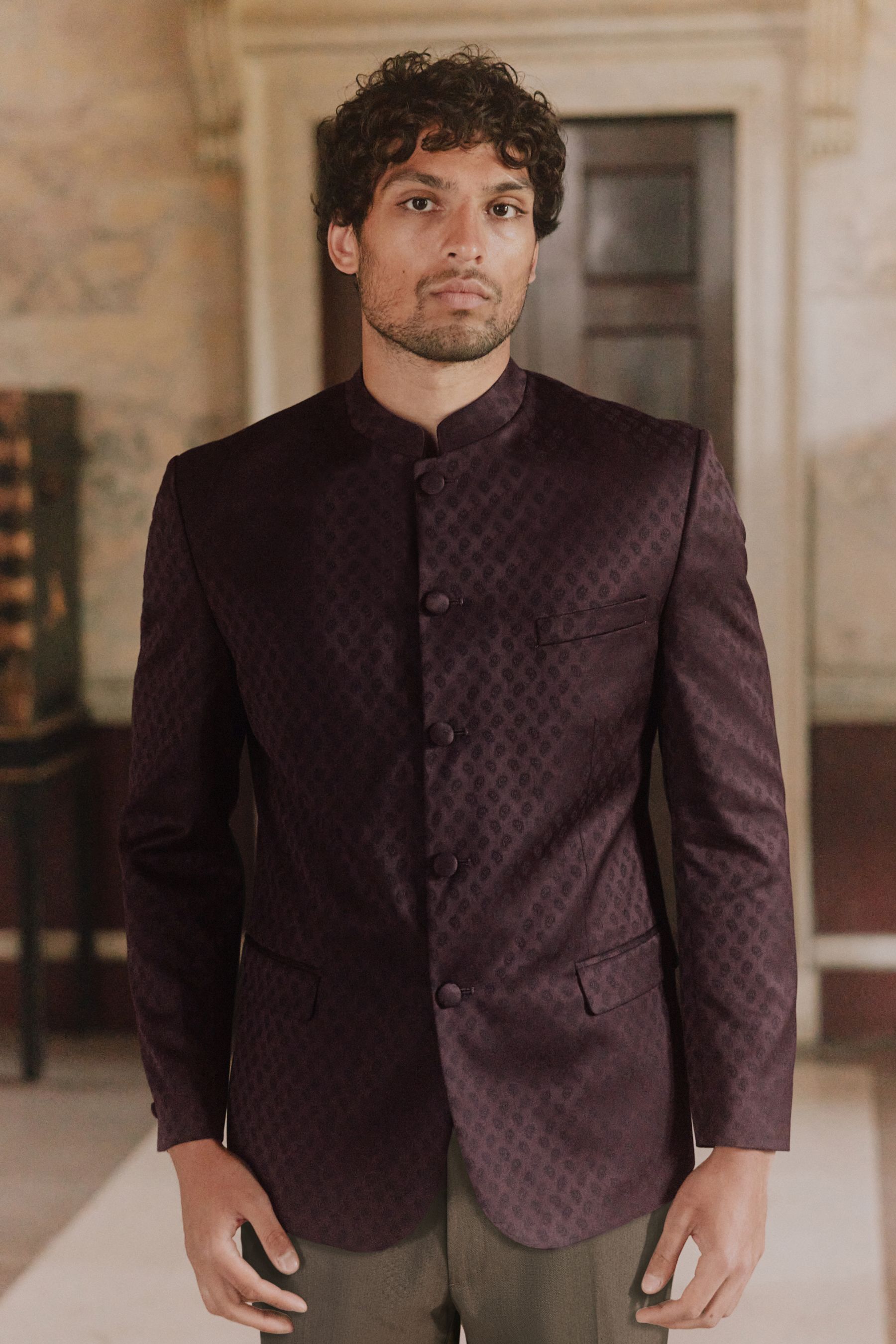 Buy Burgundy Red Slim Nehru Collar Suit Jacket from Next Luxembourg