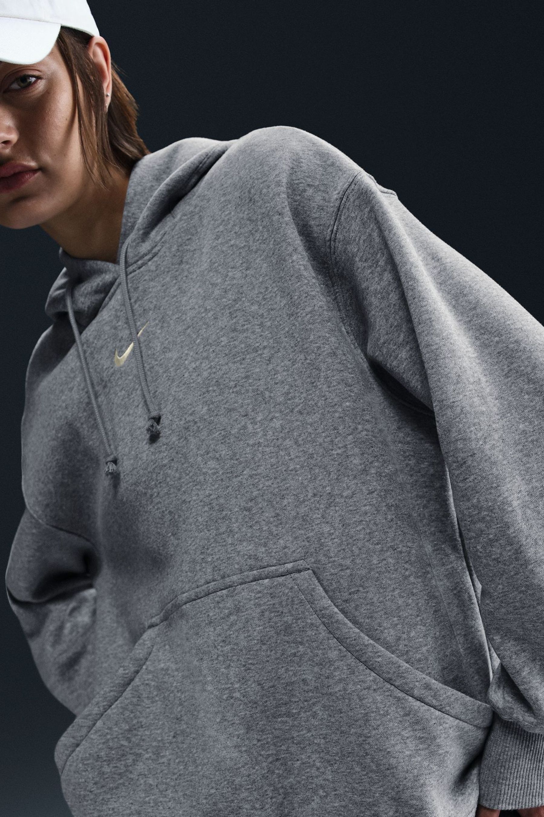 Nike Dark Grey Heather Sportswear Phoenix Fleece Oversized Mini Swoosh Pullover Hoodie