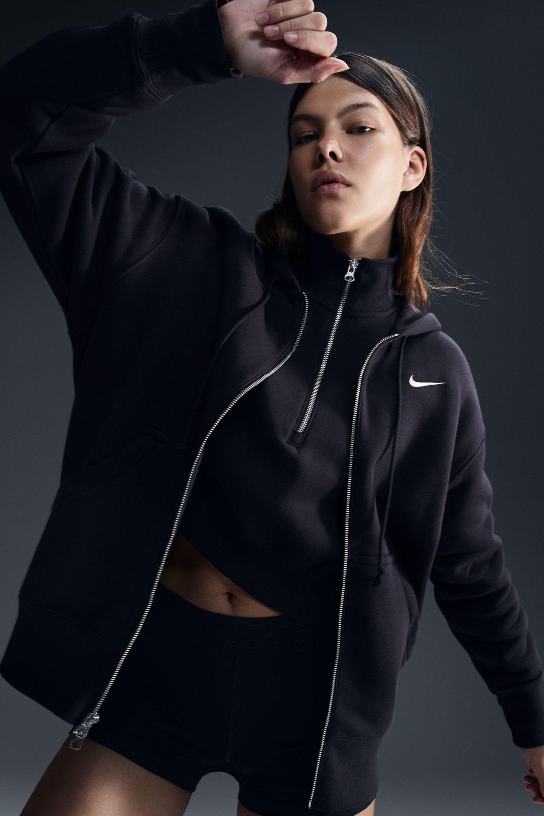 Buy Nike Black Phoenix Fleece Mini Swoosh Oversized Full Zip Hoodie from the Next UK online shop