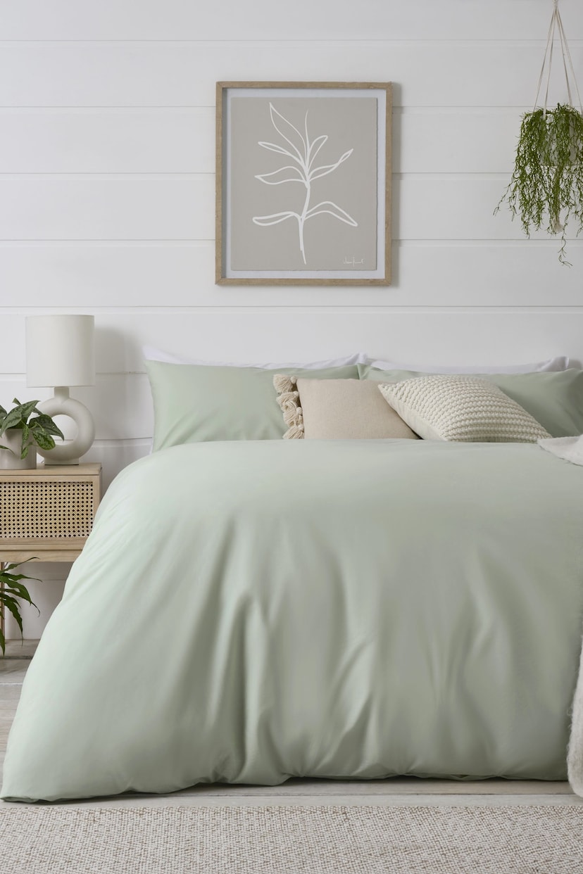 Green Pale Sage Cotton Rich Plain Duvet Cover and Pillowcase Set - Image 1 of 2