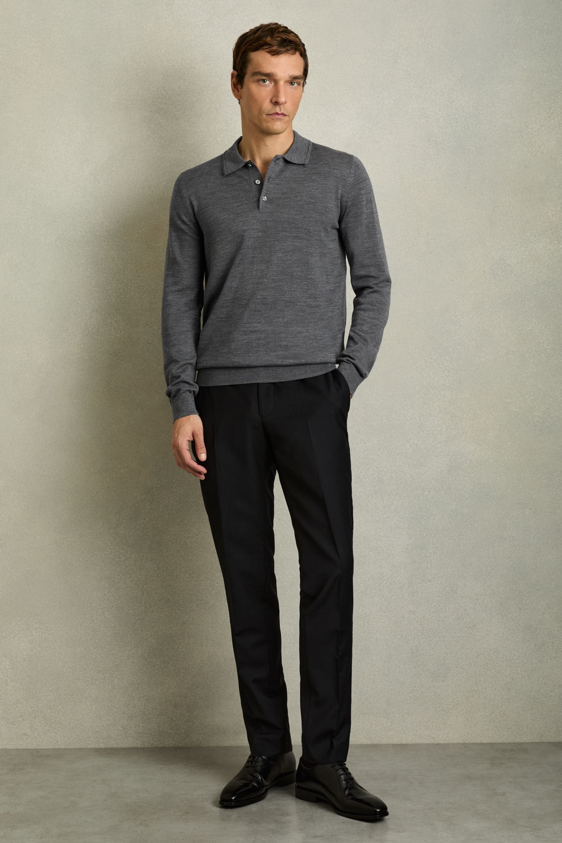 Buy Reiss Mid Grey Melange Trafford Merino Wool Polo Shirt from Next Luxembourg