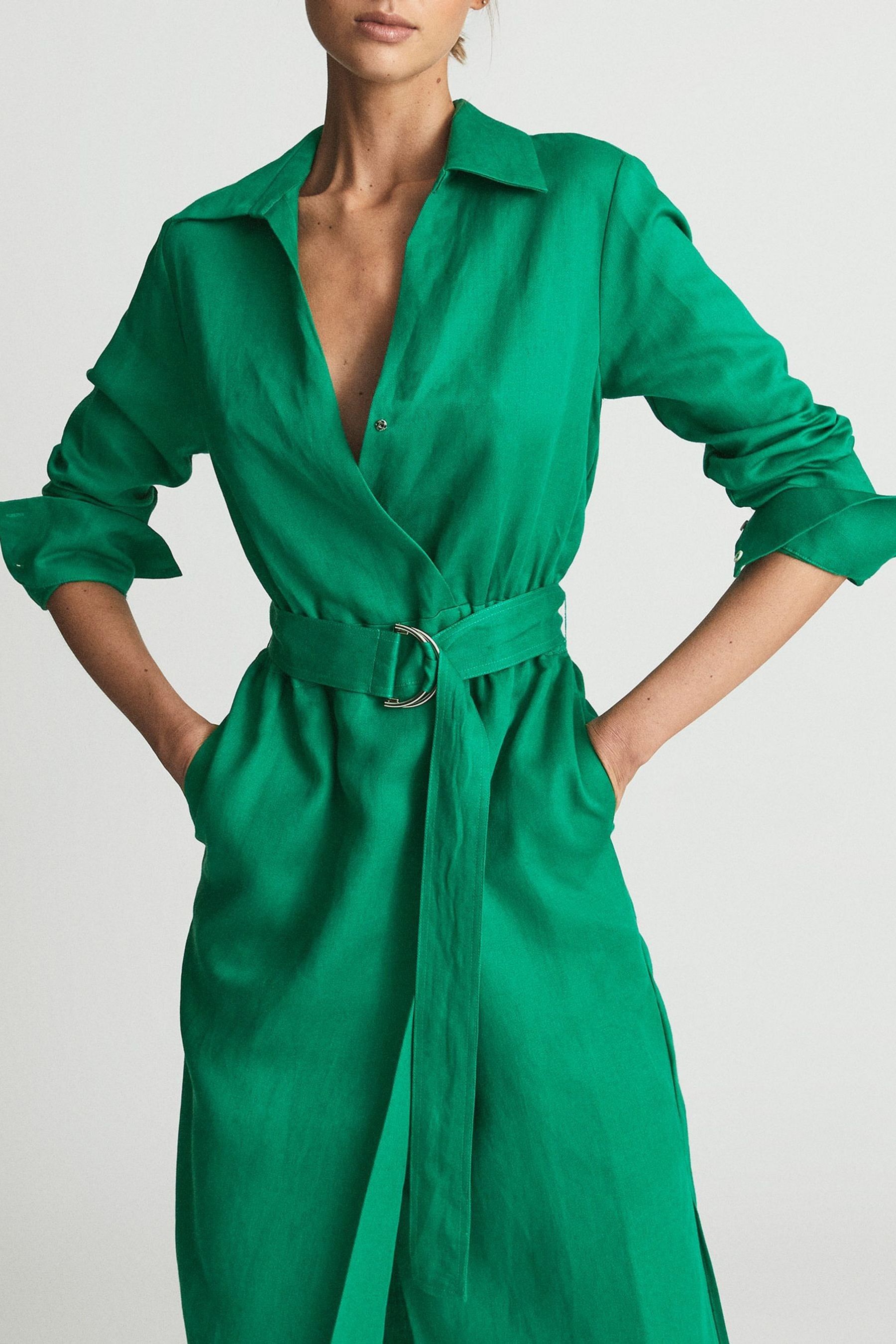 Buy Reiss Green Emily Linen Belted Shirt Dress from Next Qatar
