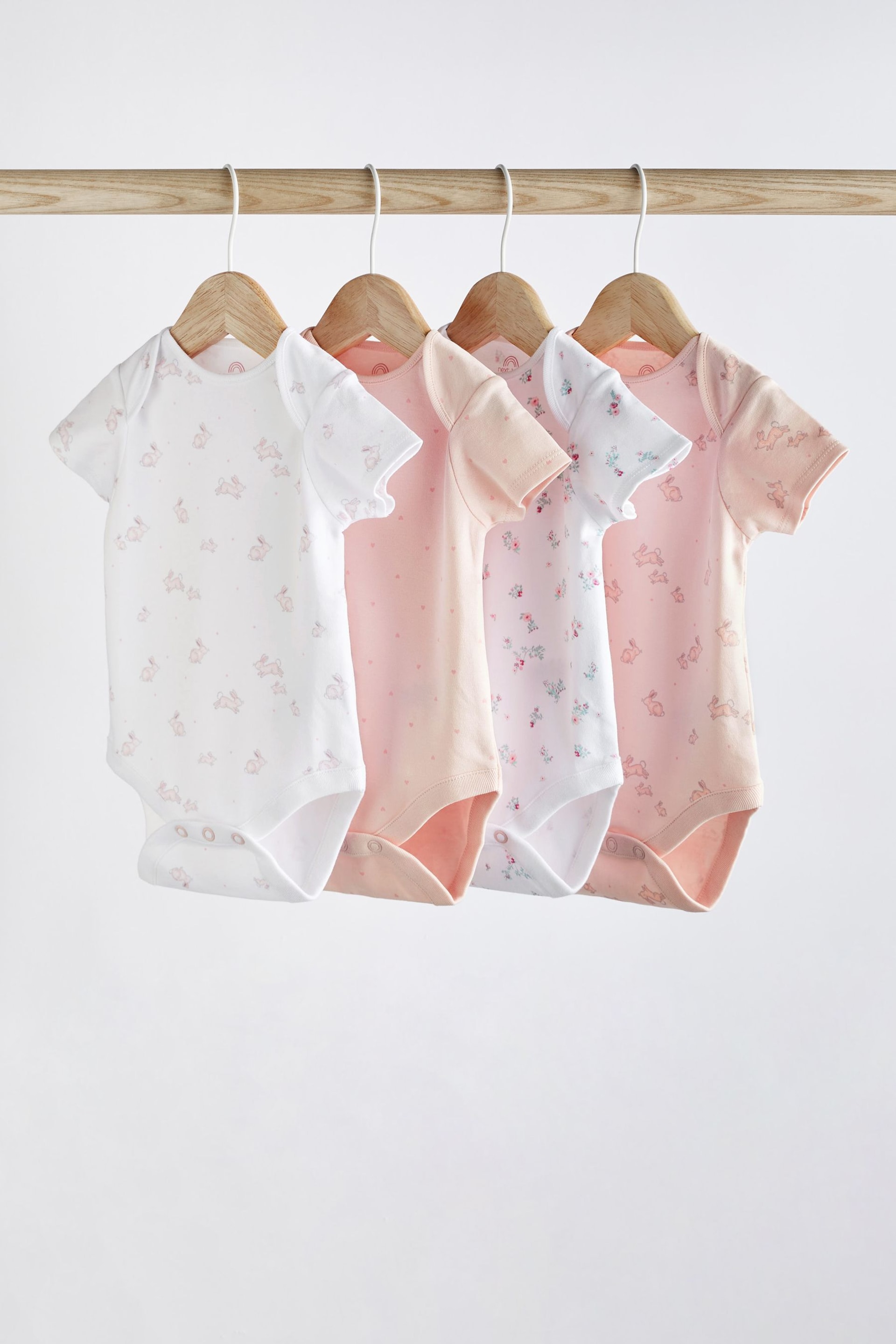 Pink/White Bunny 4 Pack Baby Short Sleeve Bodysuits - Image 1 of 9