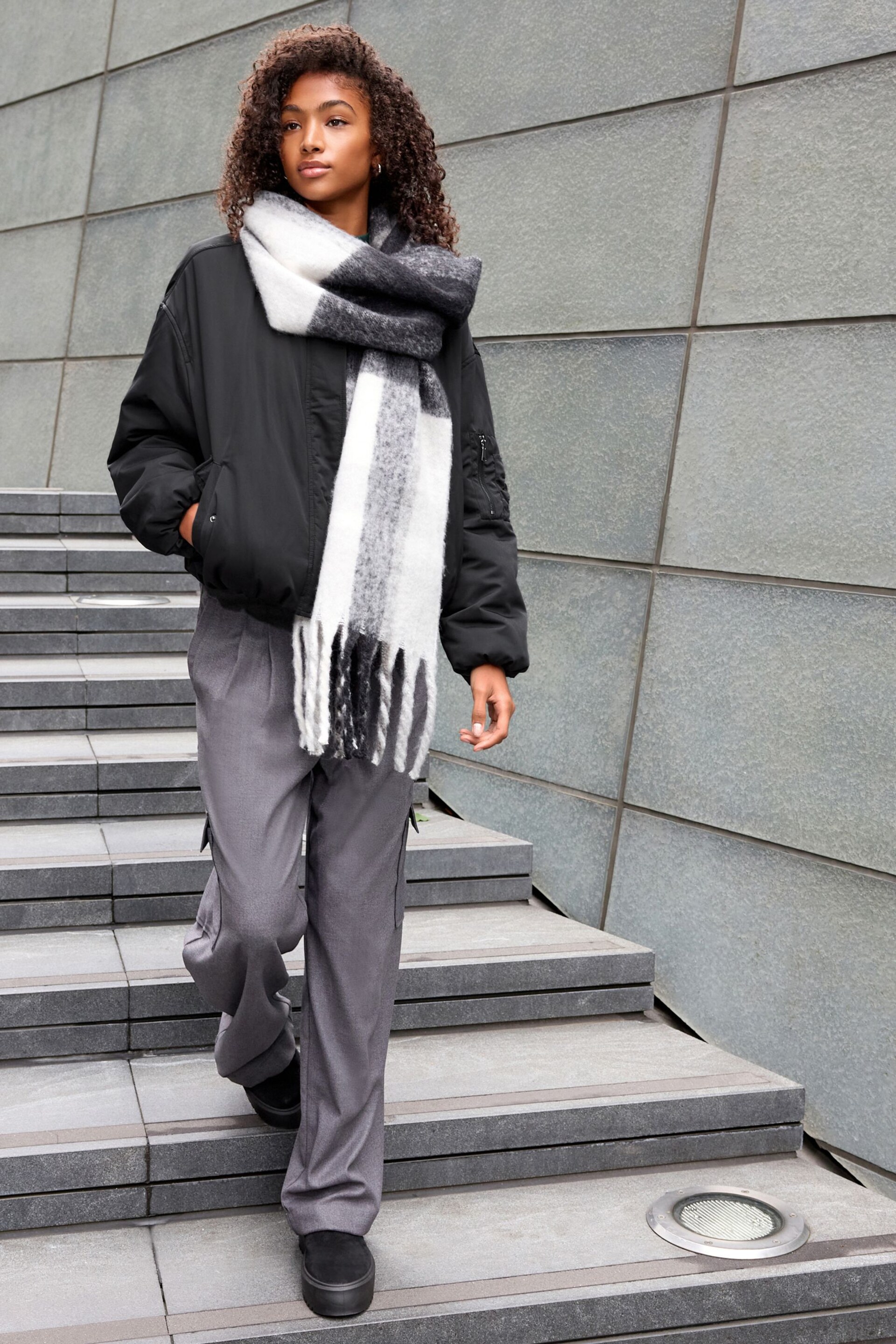 Black/White Check Heavyweight Tassel Trim Blanket Scarf - Image 2 of 7