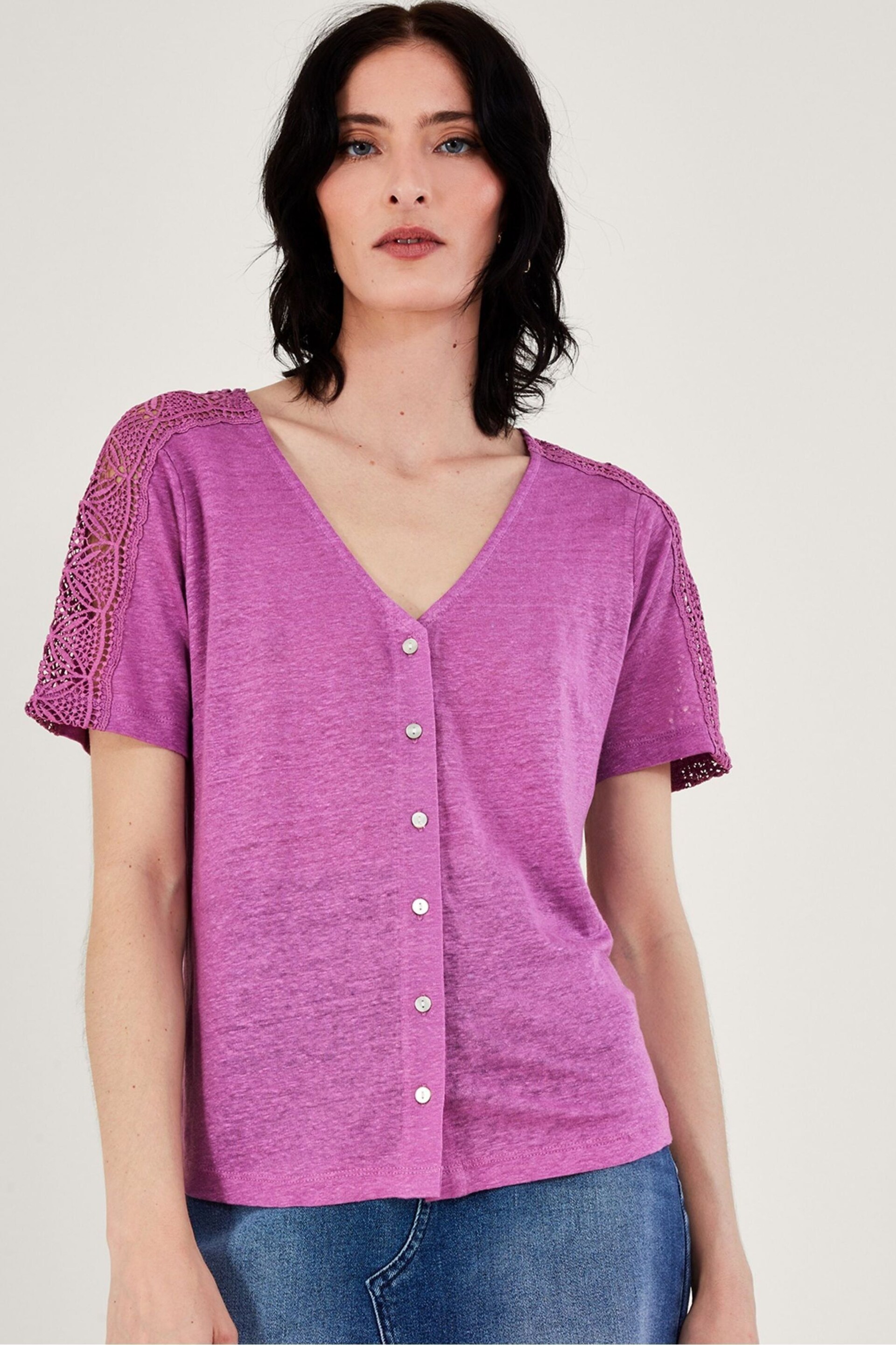 Monsoon Purple Button Through Lace Linen T-Shirt - Image 1 of 4