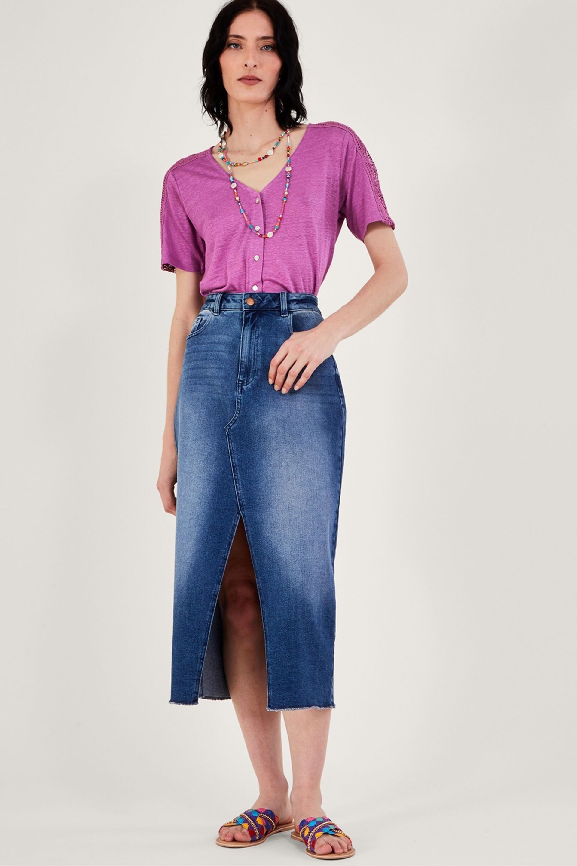 Monsoon Purple Button Through Lace Linen T-Shirt - Image 2 of 4