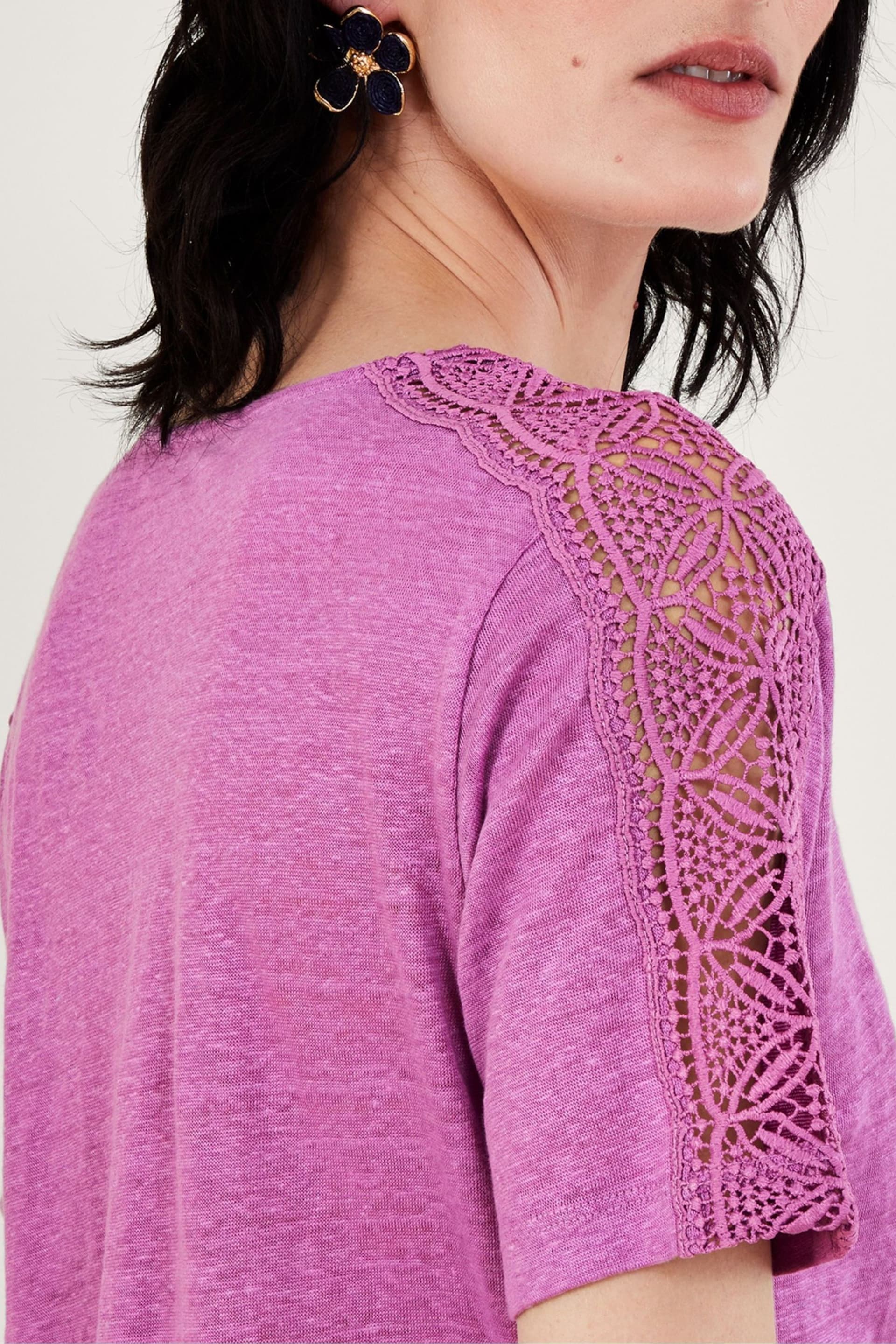 Monsoon Purple Button Through Lace Linen T-Shirt - Image 3 of 4