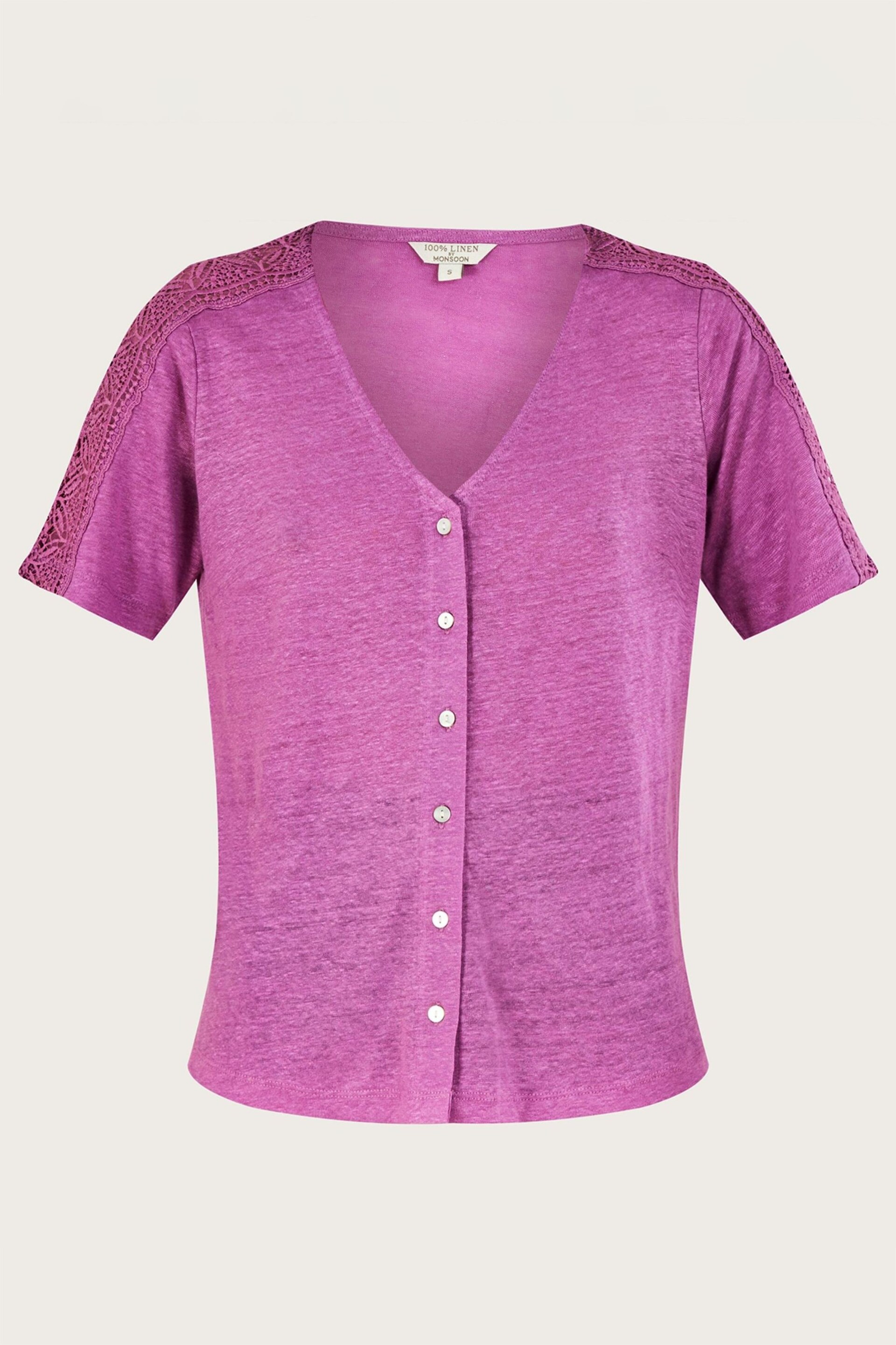 Monsoon Purple Button Through Lace Linen T-Shirt - Image 4 of 4