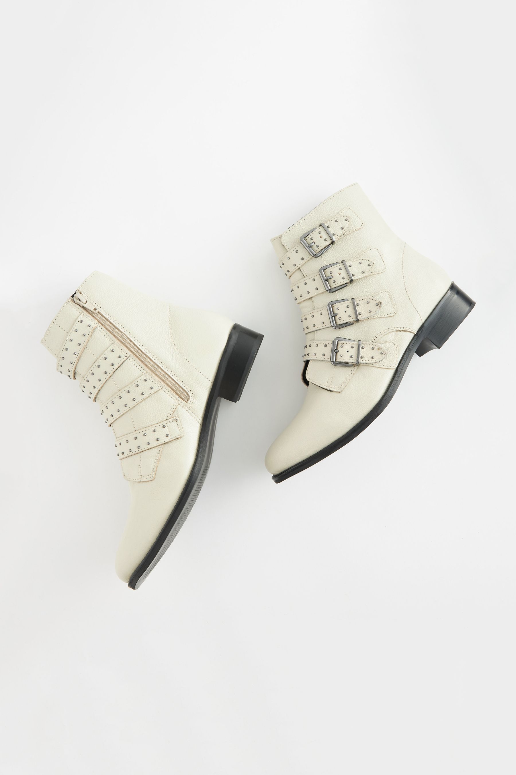 Buy Bone White Regular Wide Fit Forever Comfort Stud Detail Buckle Biker Boots from Next Luxembourg
