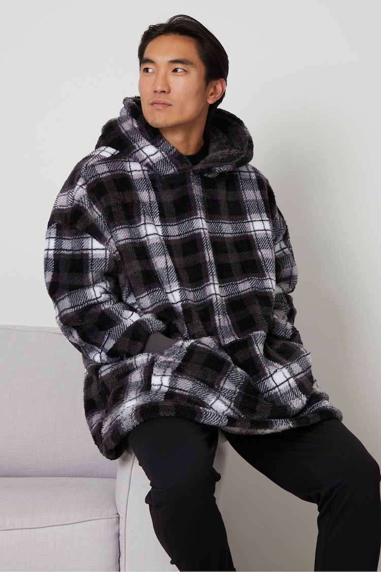 Threadbare Grey Borg Oversized Check Loungewear Hoodie - Image 1 of 4