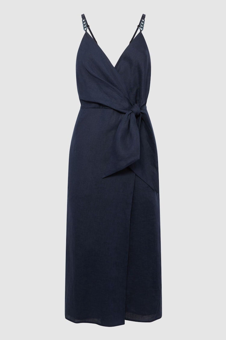 Reiss Navy Esme Petite Linen Side Tie Midi Dress - Image 2 of 6