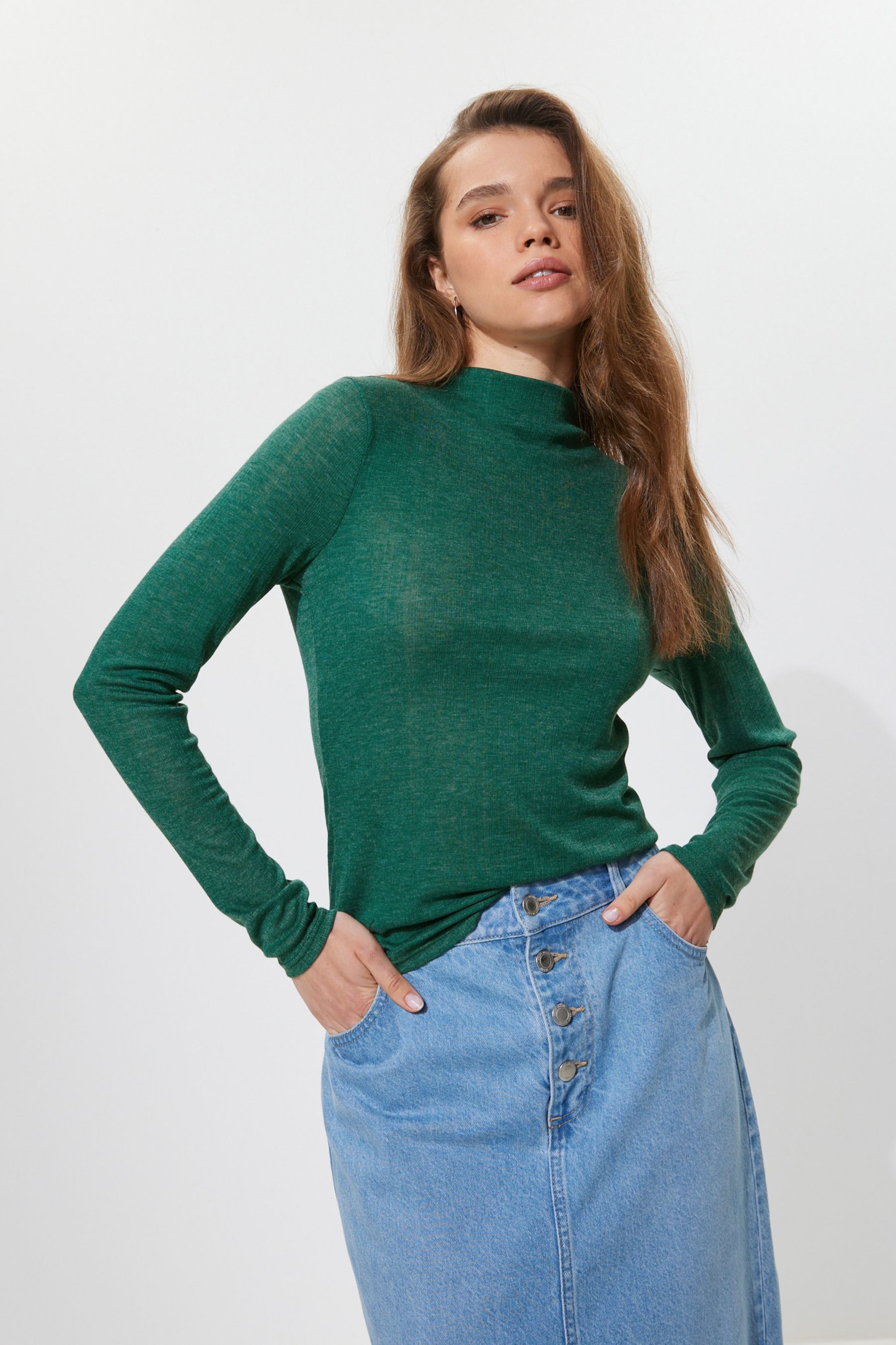 Forest Green Long Sleeve High Neck Semi-Sheer Top - Image 1 of 6