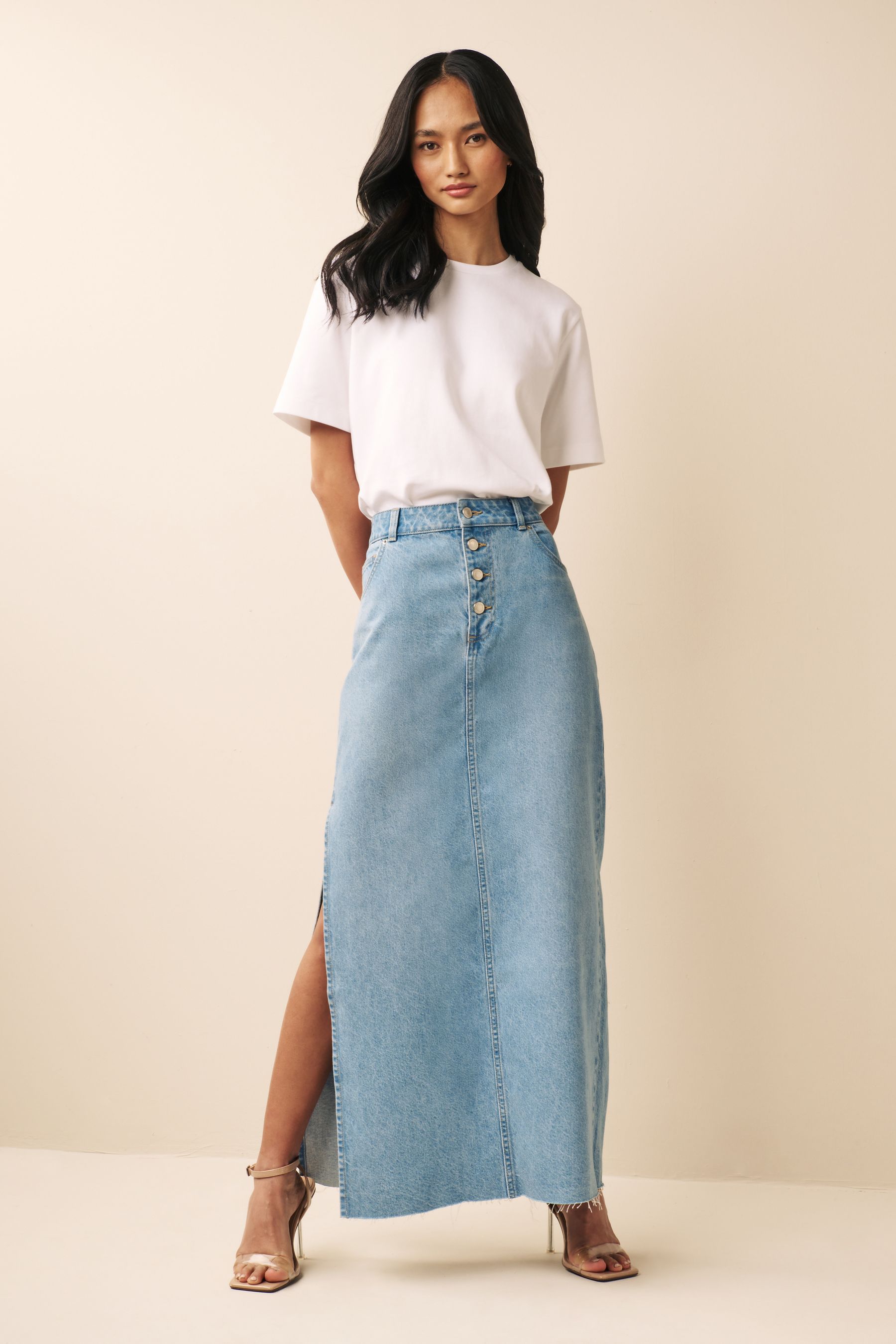 Denim maxi skirt button front discount
