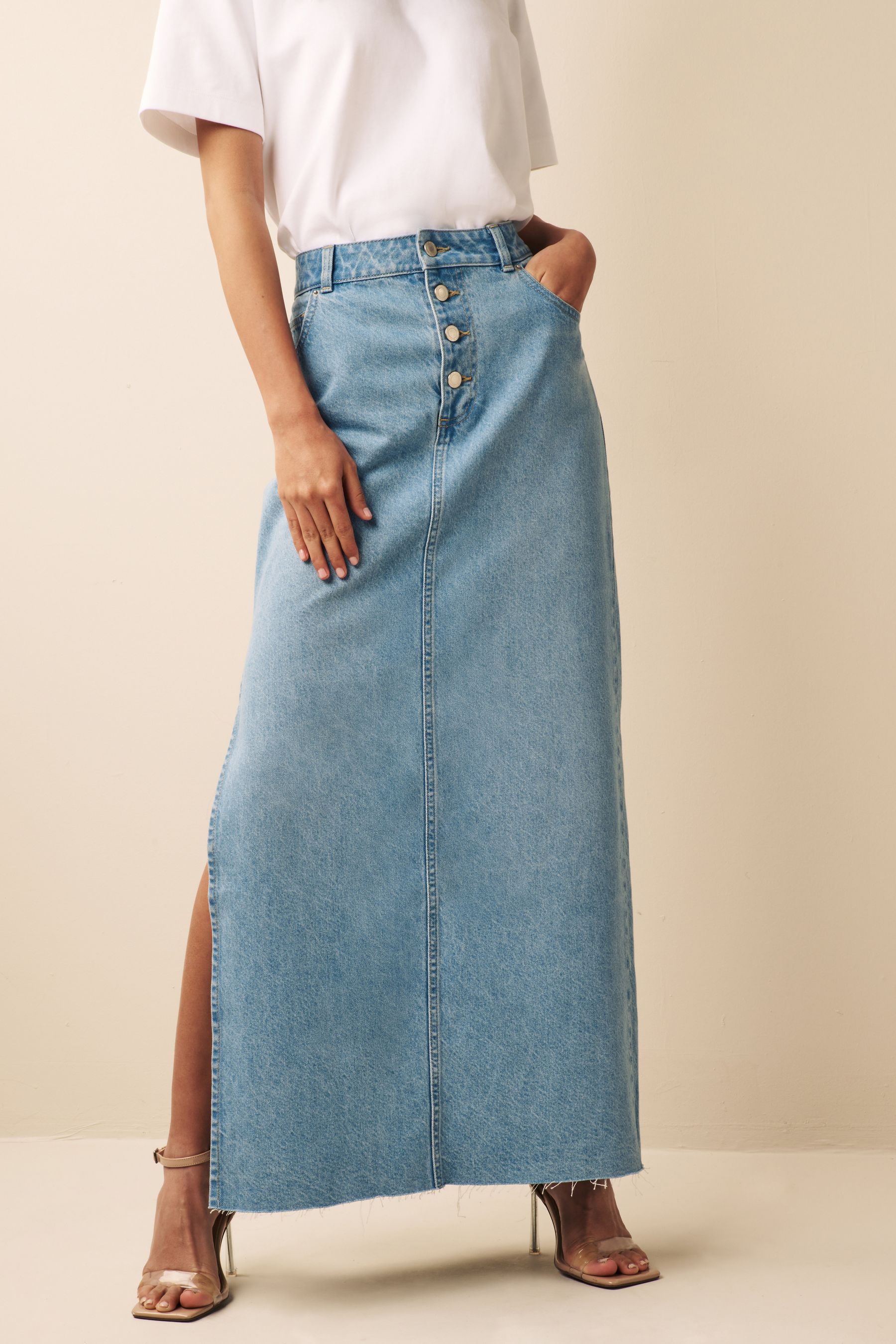 Buy Mid Blue Button Front Side Split Denim Maxi Skirt from Next Austria