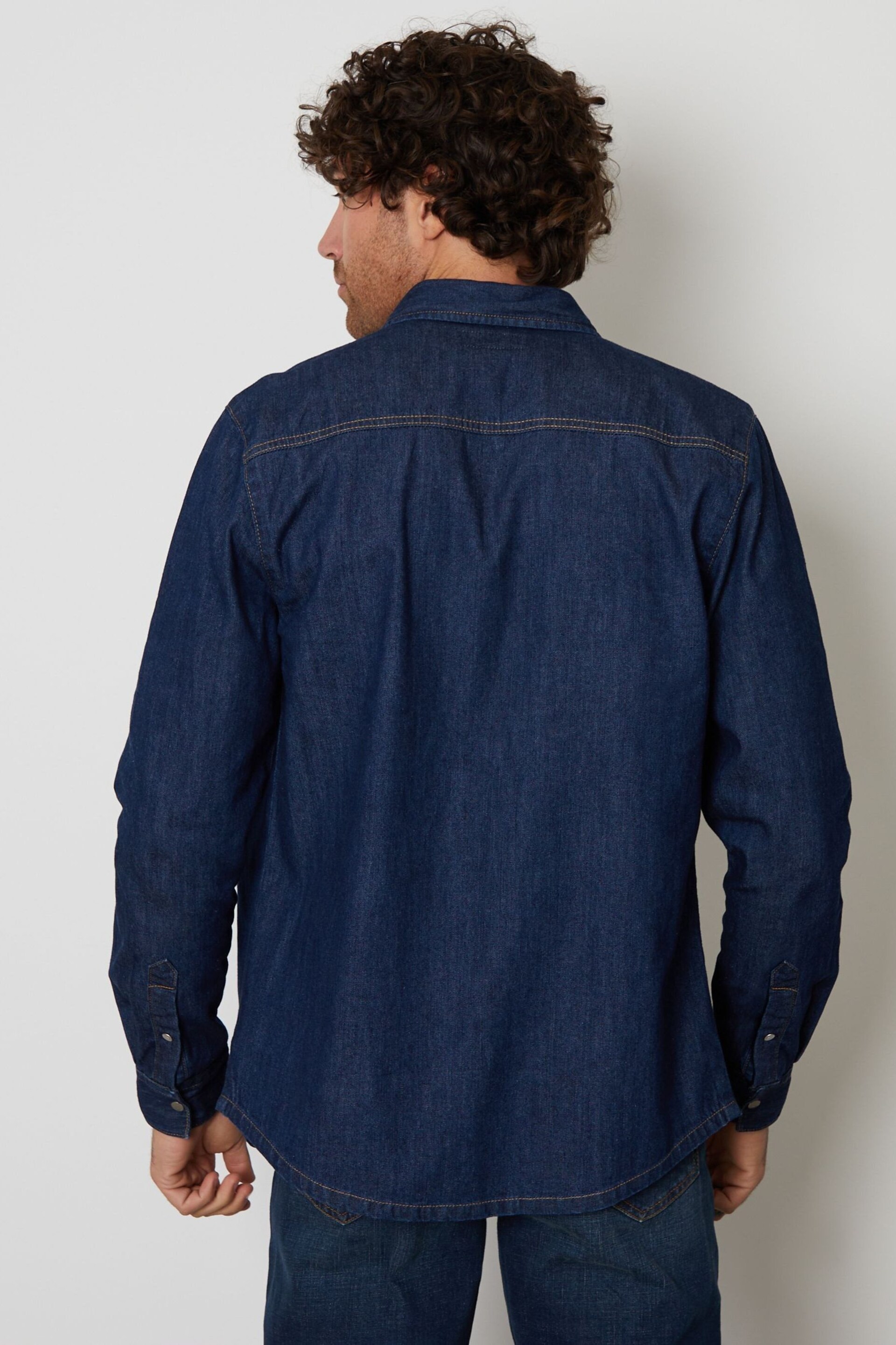 Threadbare Dark Blue Denim Long Sleeve Cotton Shirt - Image 2 of 4