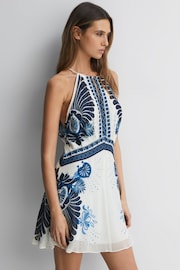 Reiss Blue Brianna Printed Halter Neck Mini Dress - Image 1 of 5