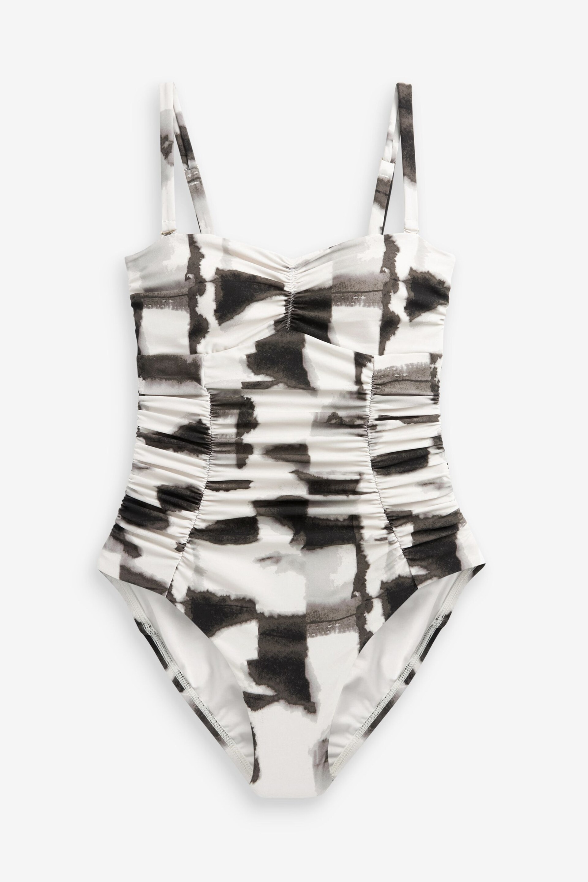 Black/Cream Tie Dye Tummy Control Ruched Bandeau Swimsuit - Image 5 of 6
