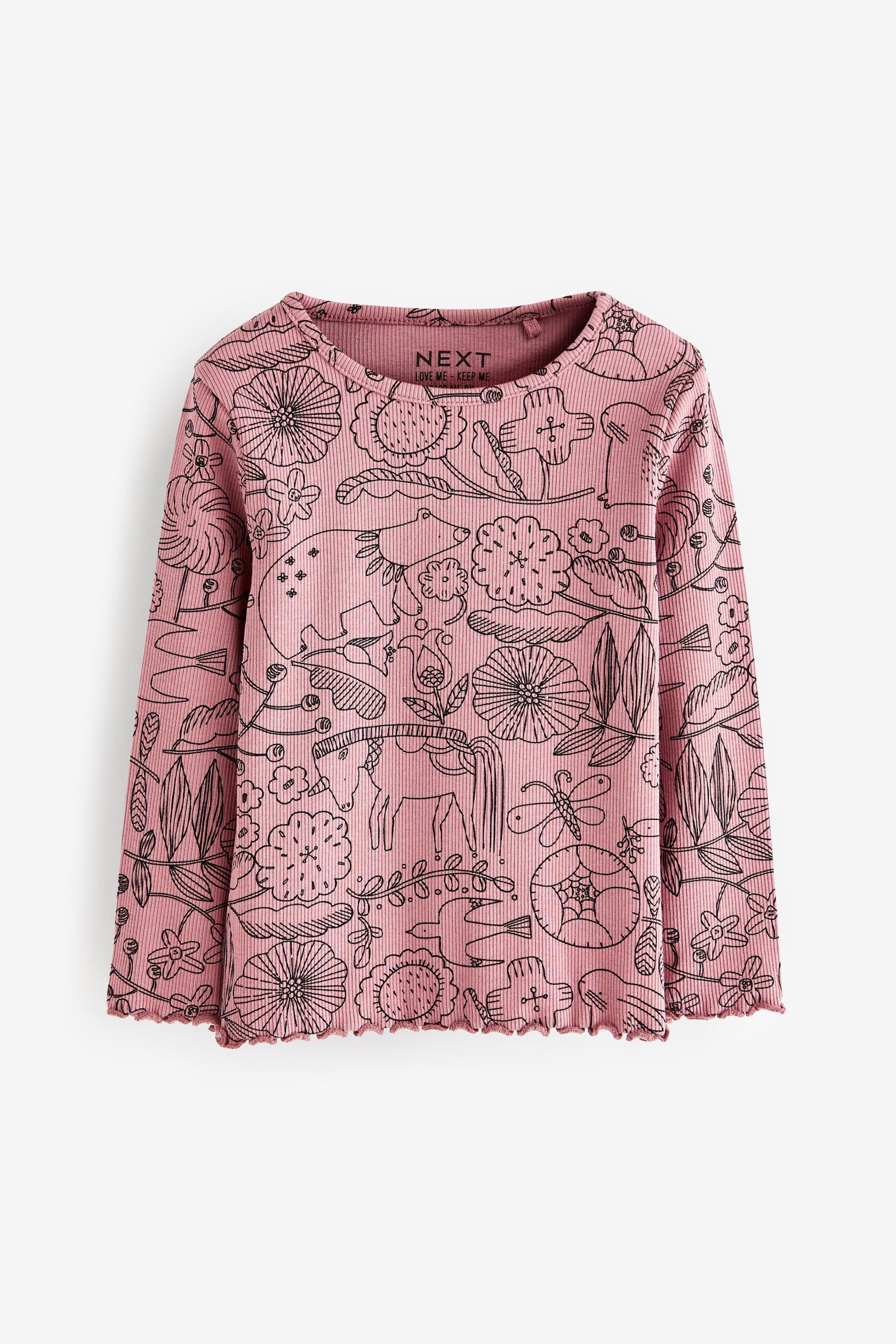 Pink Mono Floral T-Shirt Cotton-Rich Long Sleeve Rib T-Shirt (3mths-7yrs) - Image 2 of 7