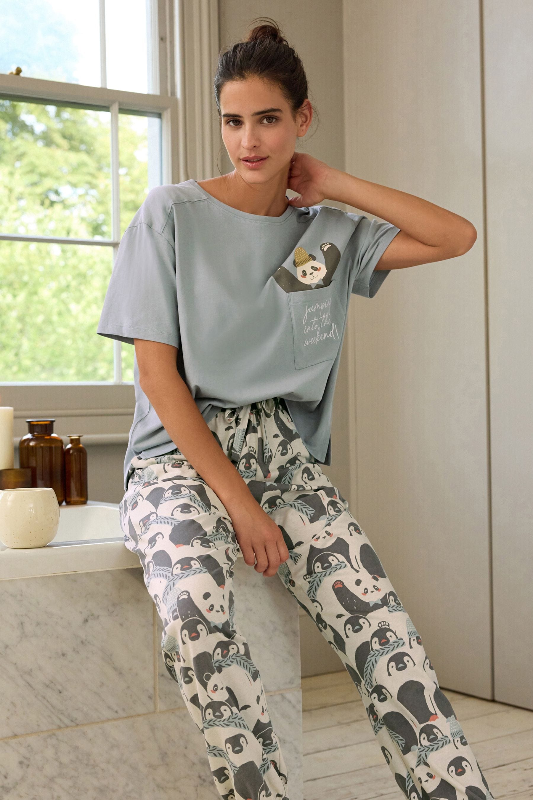Buy Ecru Natural Panda Cotton Short Sleeve Pyjamas from Next Germany