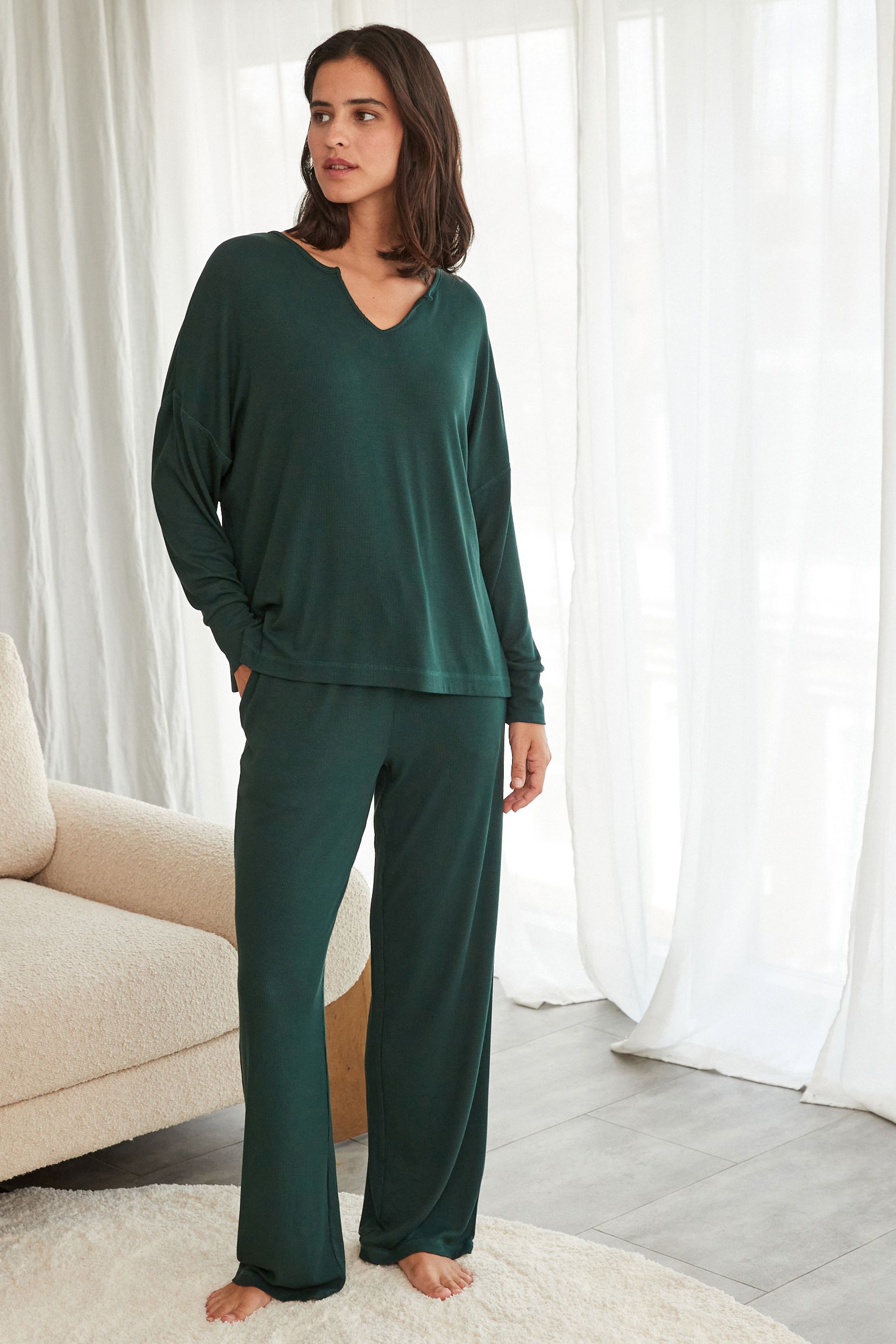 Buy Dark Green Rib Long Sleeve Pyjamas from Next Luxembourg