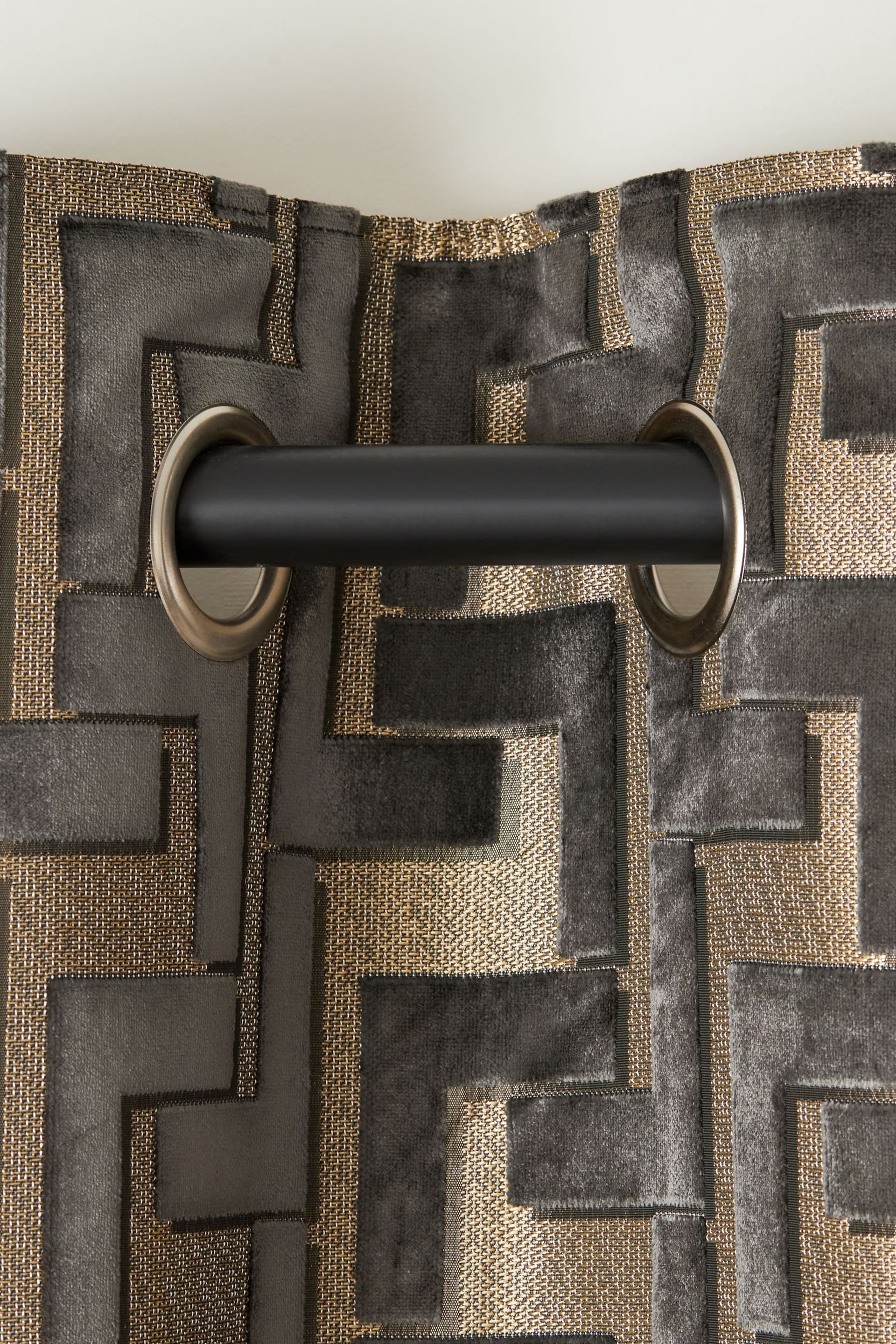 Charcoal Grey Next Collection Luxe Fretwork Heavyweight Velvet Eyelet Lined Curtains - Image 6 of 8