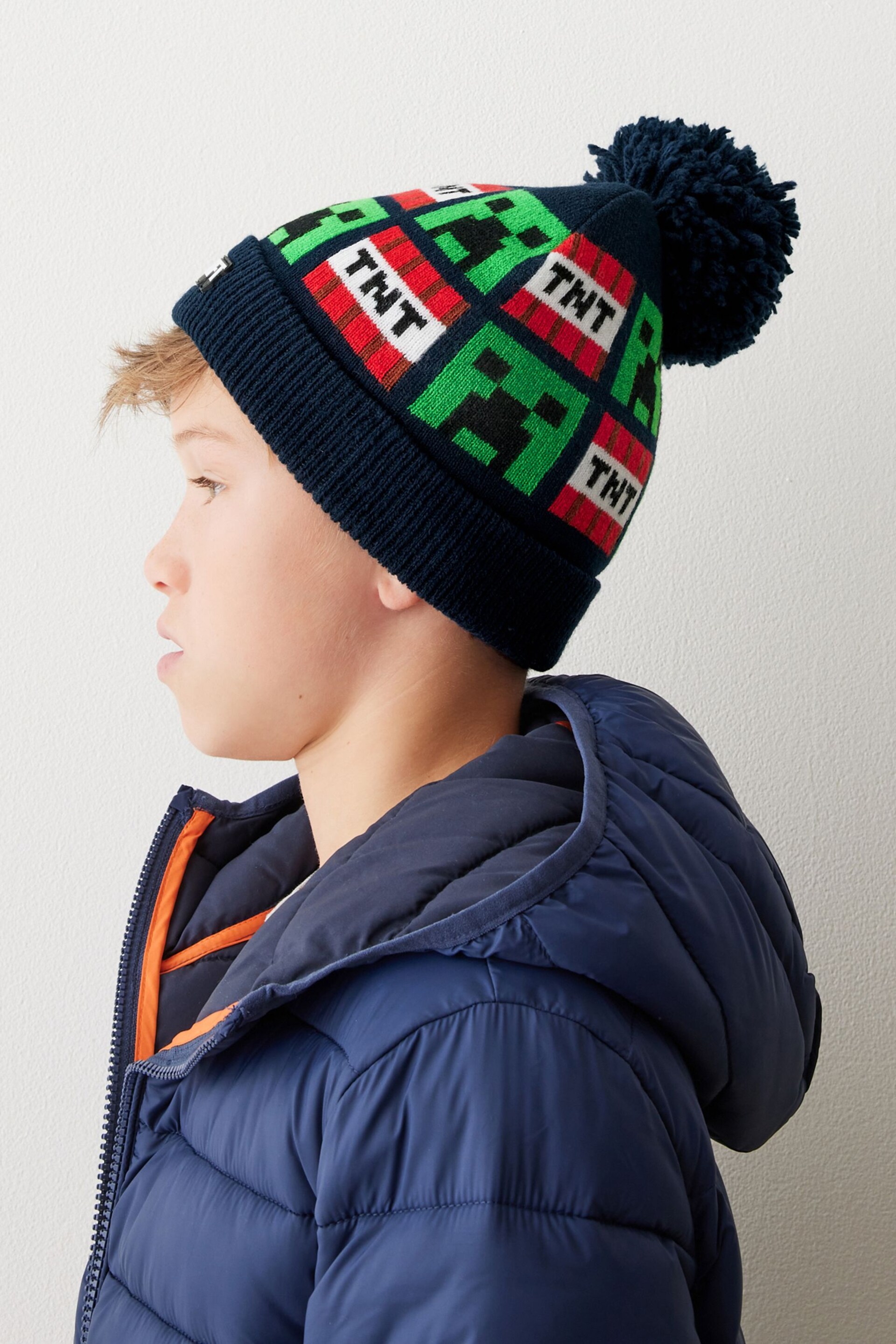 Minecraft Navy Blue License Knitted Pom Hat (3-16yrs) - Image 3 of 3