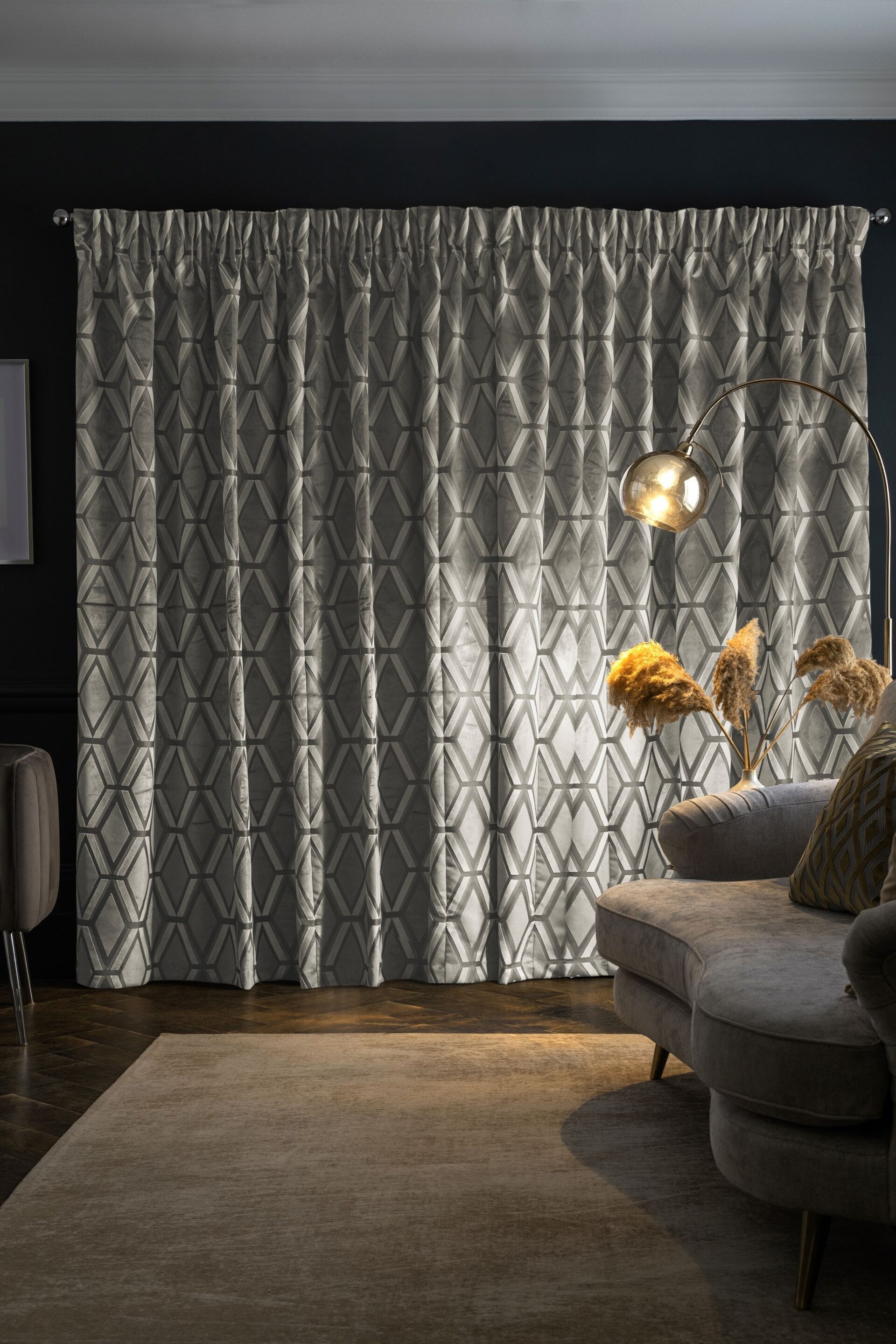 Grey Next Collection Luxe Heavyweight Geometric Cut Velvet Pencil Pleat Lined Curtains - Image 2 of 5