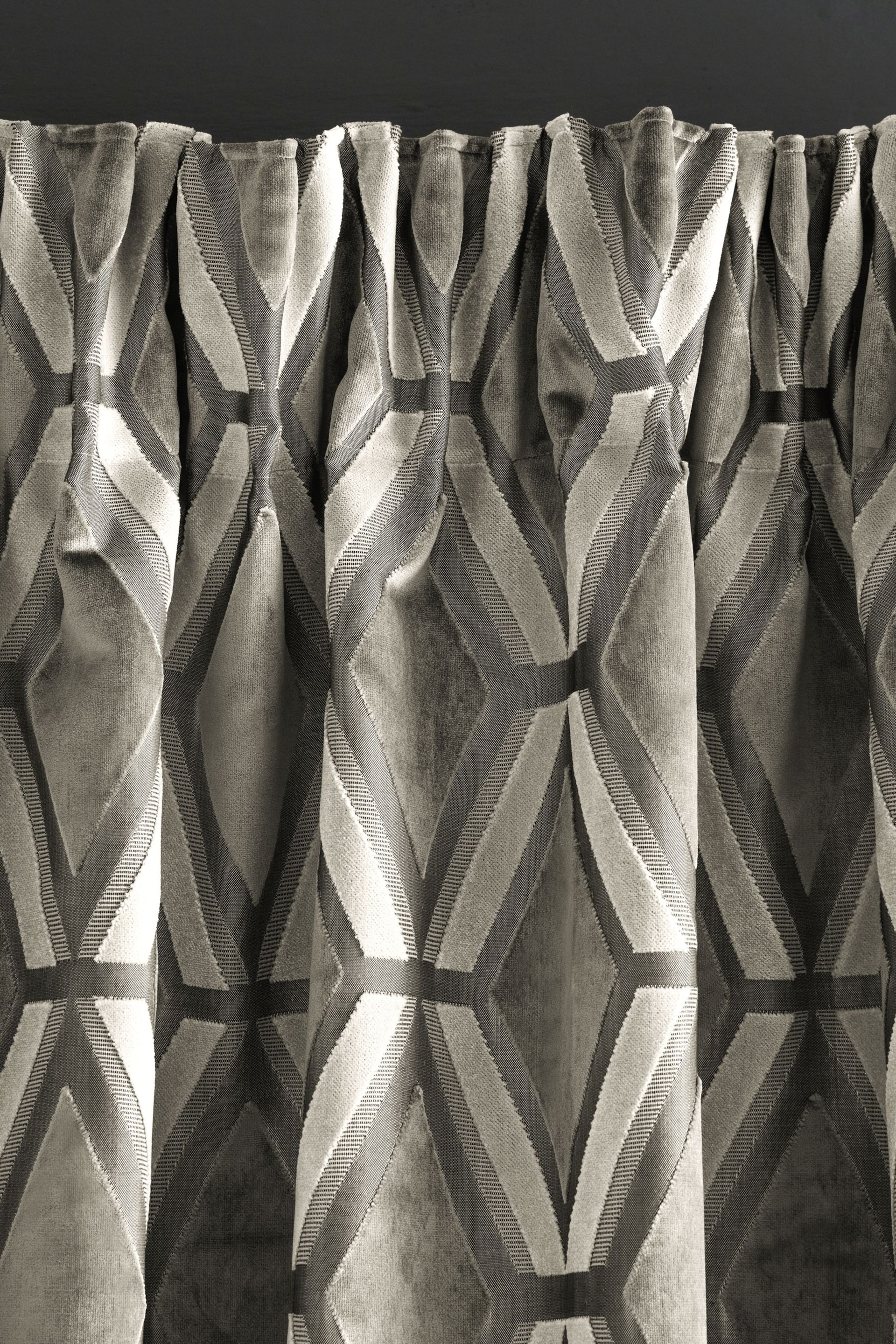 Grey Next Collection Luxe Heavyweight Geometric Cut Velvet Pencil Pleat Lined Curtains - Image 3 of 5