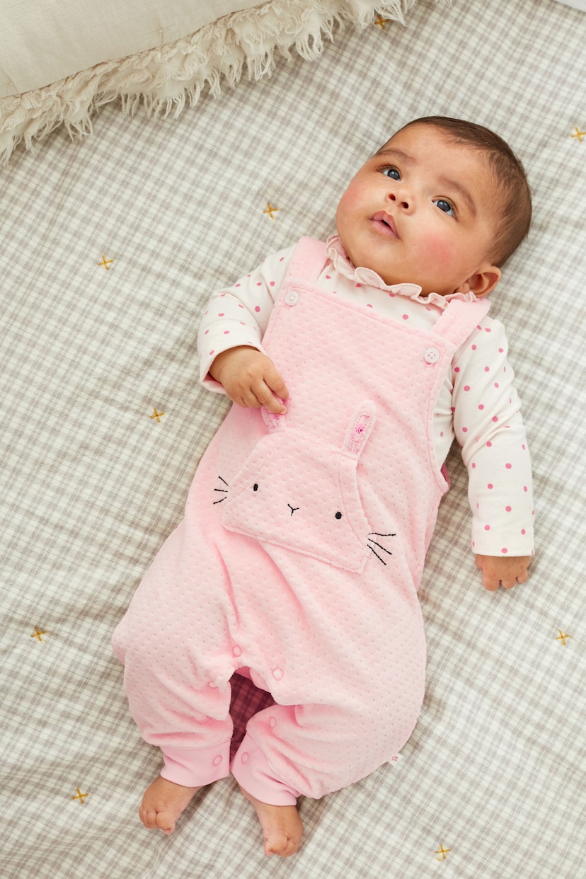 Baby Pink Character Bunny 2 Piece Velour Dungarees And Bodysuit Set (0mths-2yrs) - Image 1 of 8