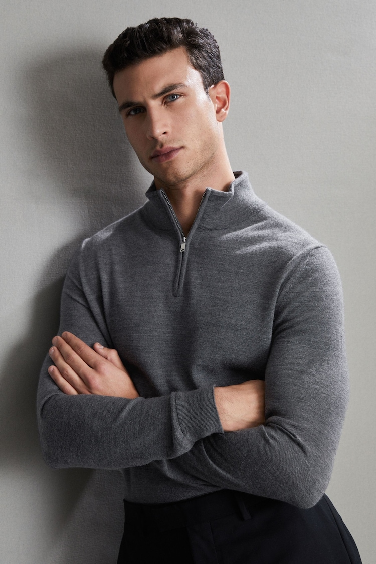 Reiss Mid Grey Melange Blackhall Merino Wool Half-Zip Funnel Neck Jumper - Image 7 of 7