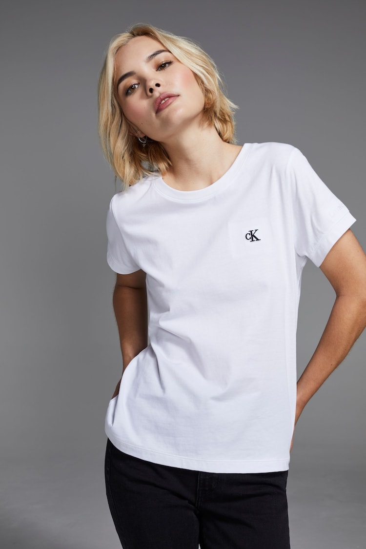 Calvin Klein Jeans White Slim Fit Embroidered T-Shirt - Image 1 of 4